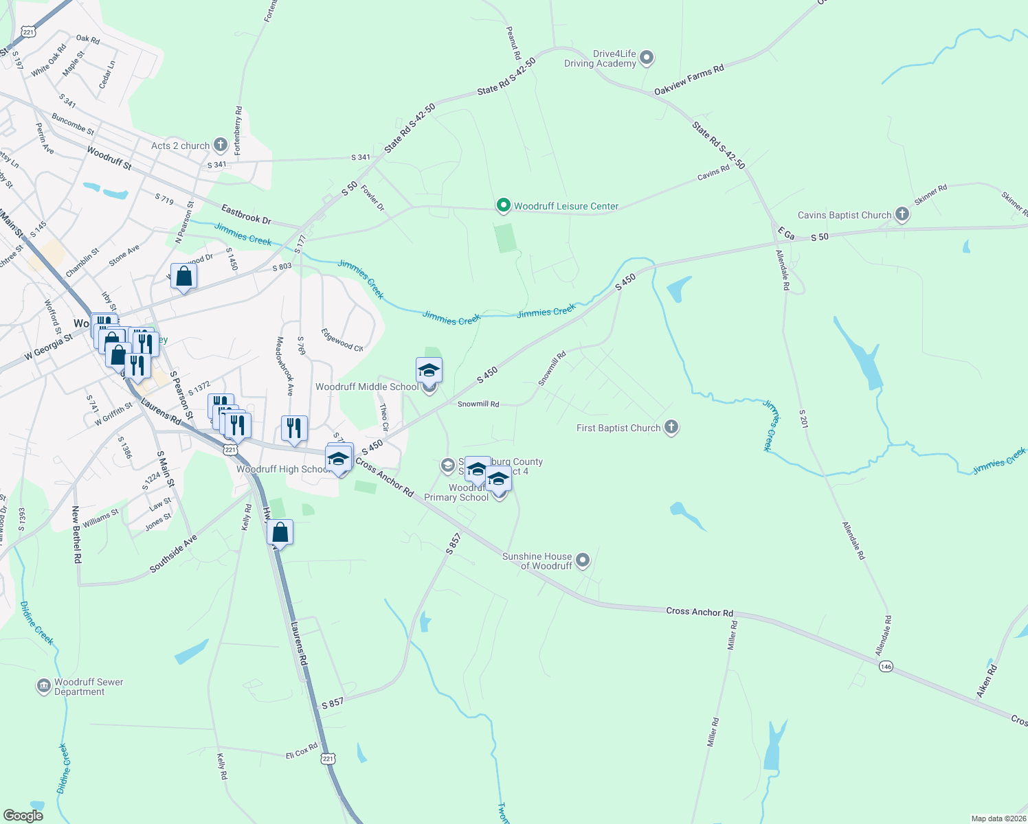 map of restaurants, bars, coffee shops, grocery stores, and more near 100 Pink Robinson Road in Woodruff