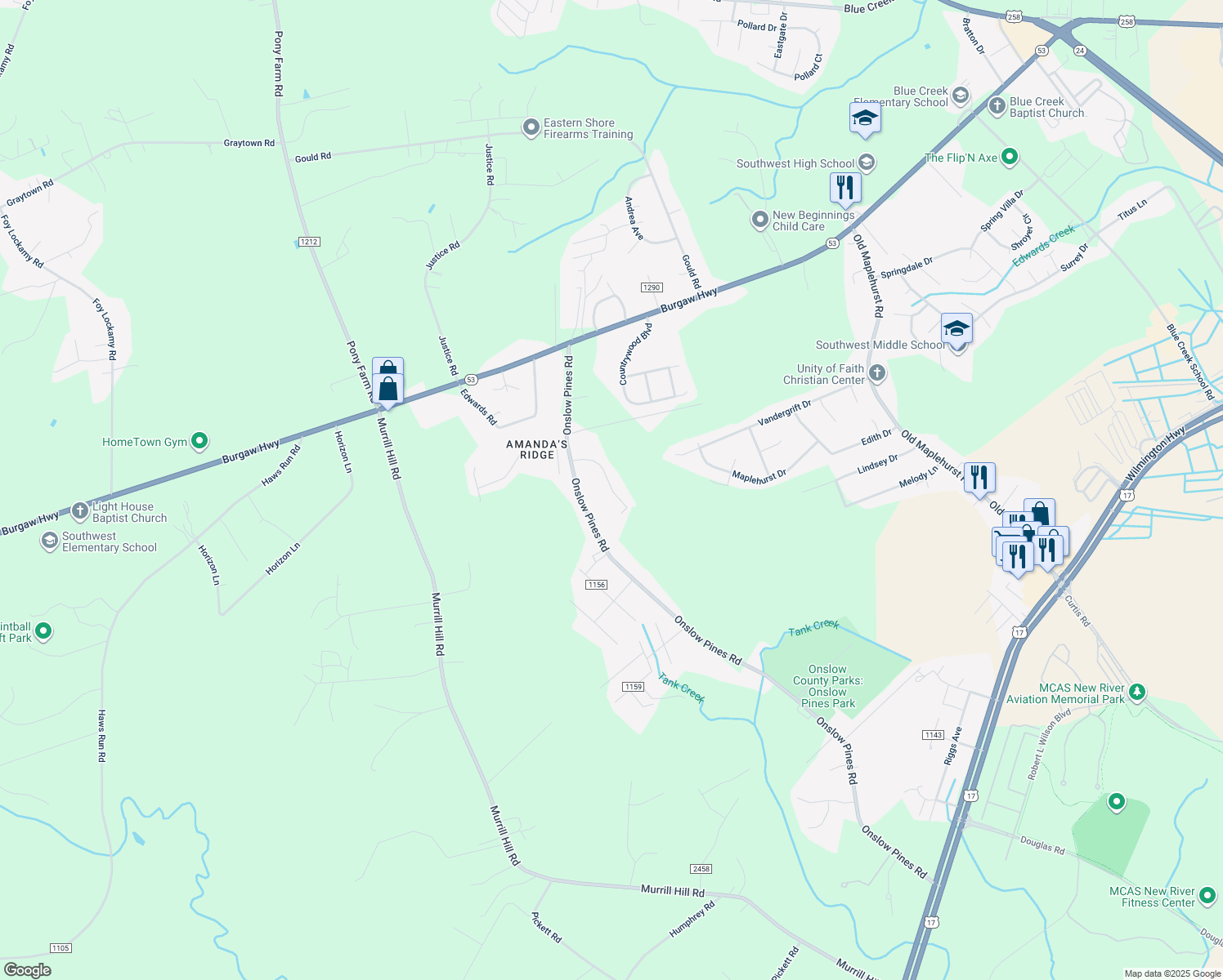 map of restaurants, bars, coffee shops, grocery stores, and more near 114 Sparrows Point Lane in Jacksonville