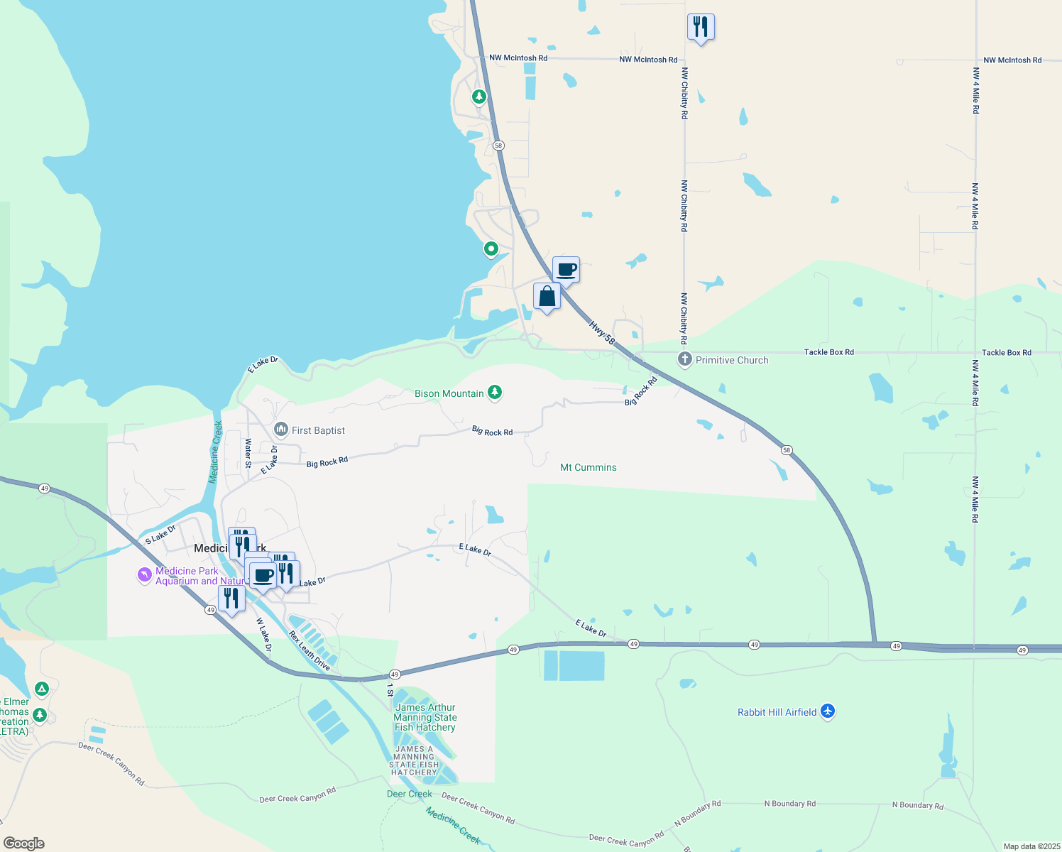 map of restaurants, bars, coffee shops, grocery stores, and more near 602 Big Rock Road in Medicine Park