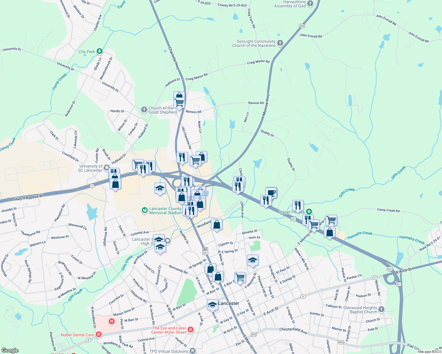 map of restaurants, bars, coffee shops, grocery stores, and more near 56 Monroe Highway in Lancaster