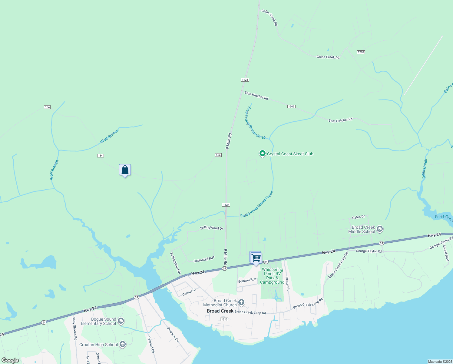 map of restaurants, bars, coffee shops, grocery stores, and more near 199 Croatan Colony Drive in Newport