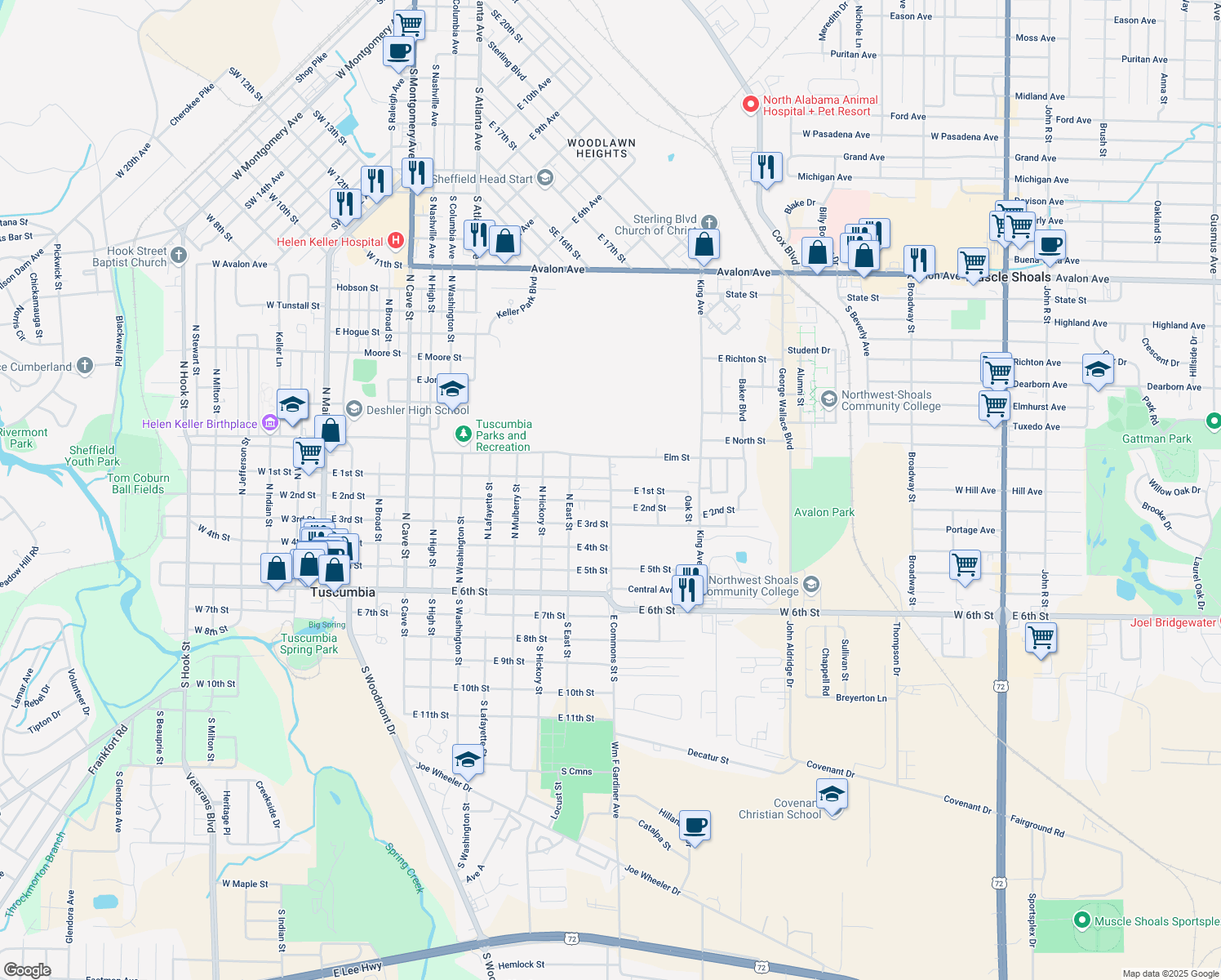 map of restaurants, bars, coffee shops, grocery stores, and more near 499 E Commons St N in Tuscumbia