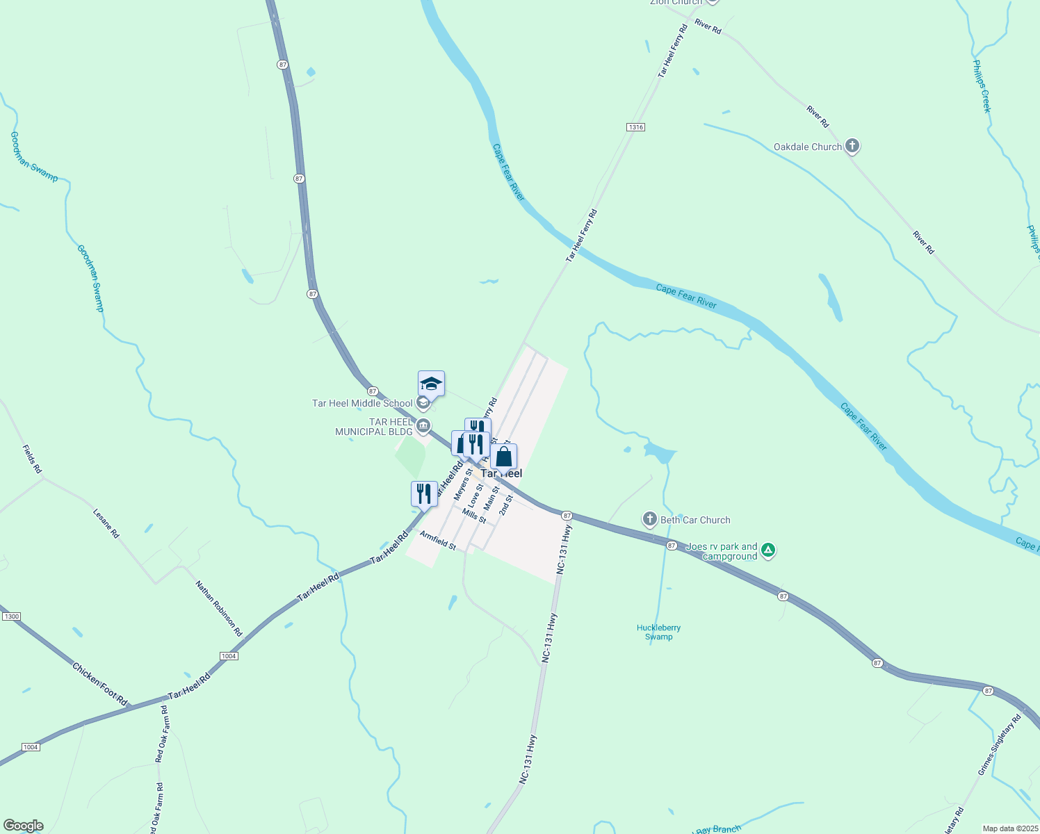 map of restaurants, bars, coffee shops, grocery stores, and more near Pine Street in Tar Heel