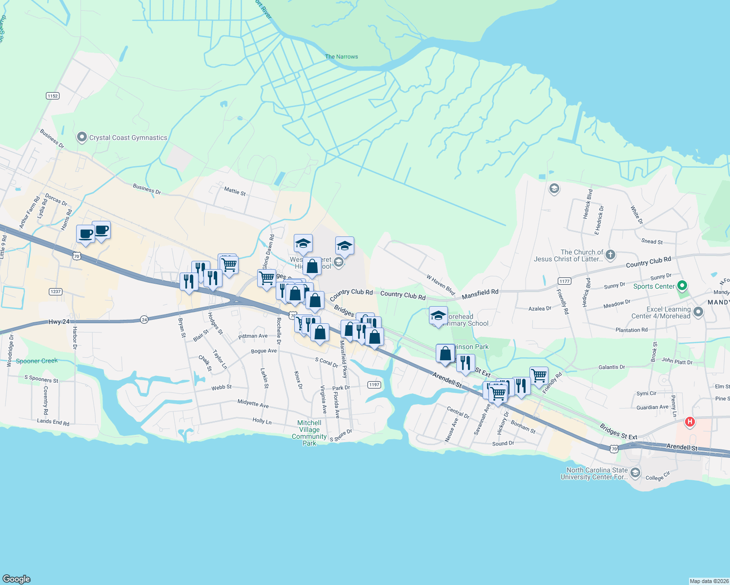 map of restaurants, bars, coffee shops, grocery stores, and more near 4699 Country Club Road in Morehead City