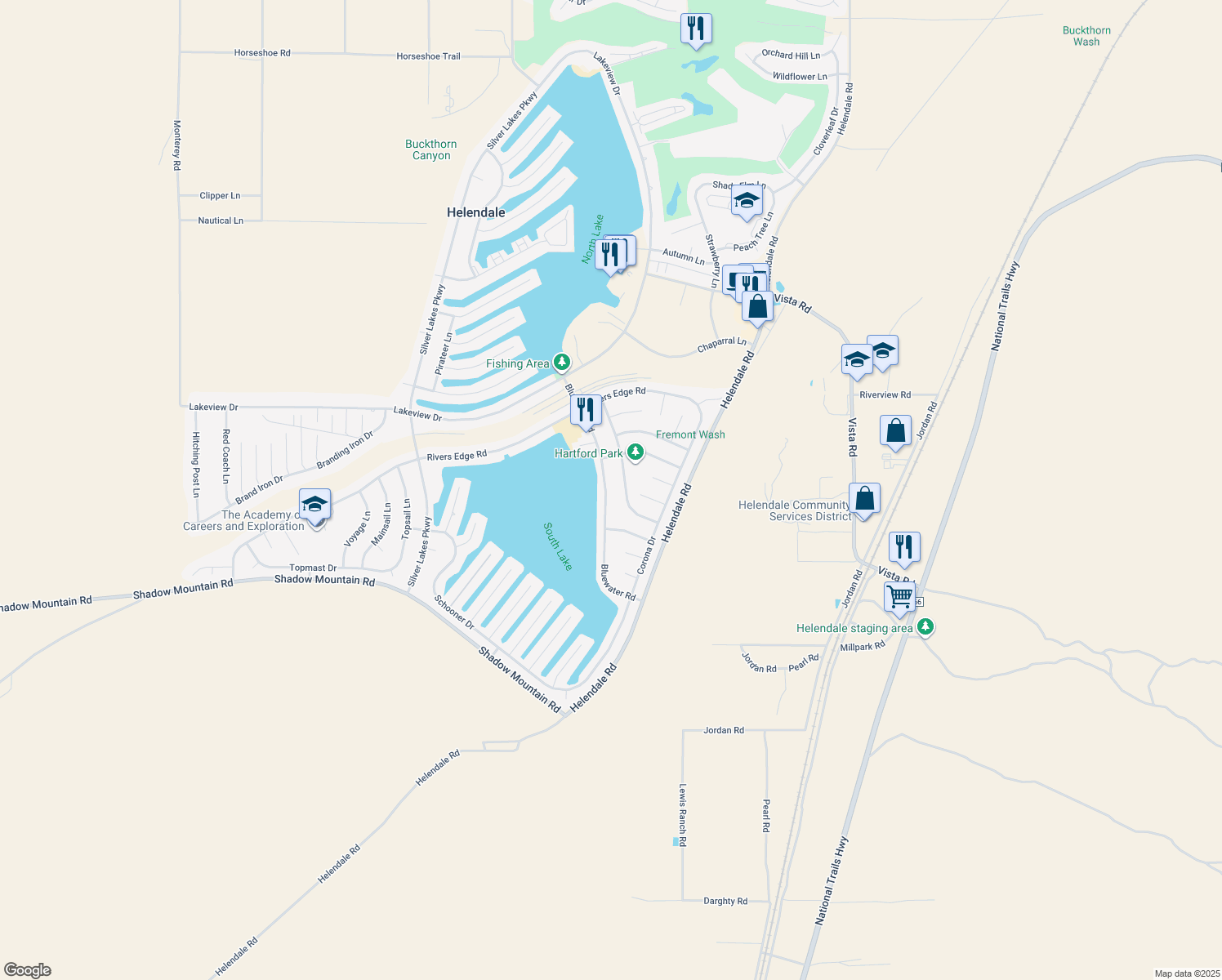 map of restaurants, bars, coffee shops, grocery stores, and more near 26659 Bluewater Road in Helendale