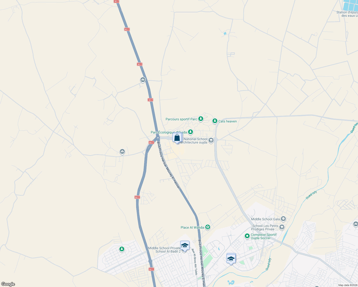 map of restaurants, bars, coffee shops, grocery stores, and more near route de saidia in Oujda