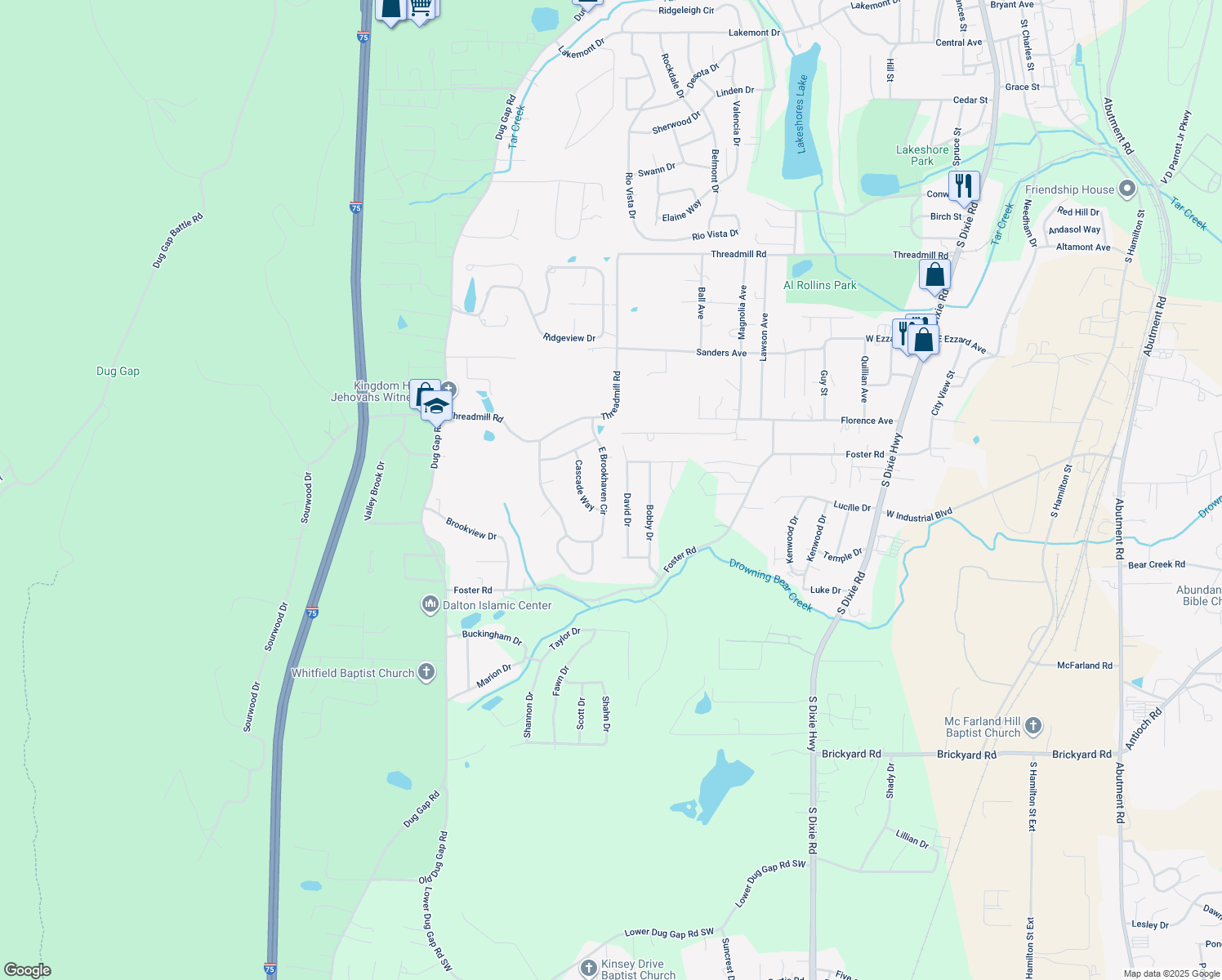map of restaurants, bars, coffee shops, grocery stores, and more near 3016 East Brookhaven Circle in Dalton