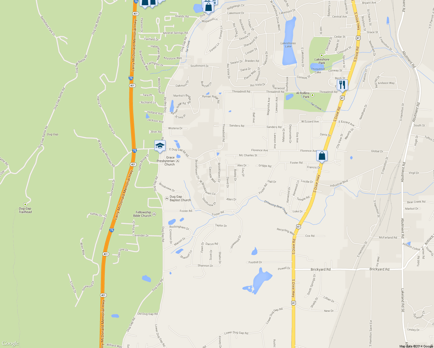 map of restaurants, bars, coffee shops, grocery stores, and more near 3017 Brookhaven Circle in Dalton