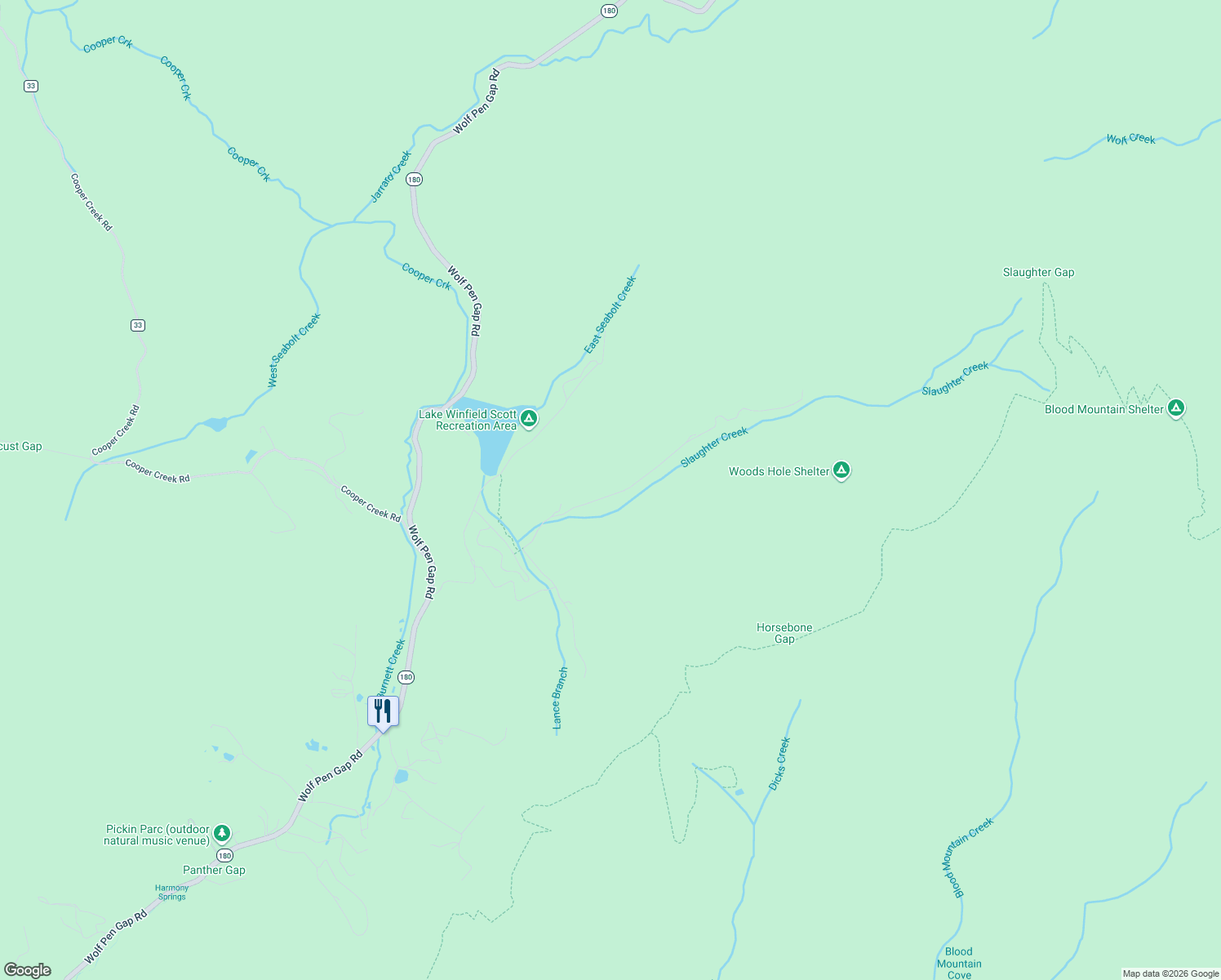 map of restaurants, bars, coffee shops, grocery stores, and more near 495 Slaughter Creek Road in Suches