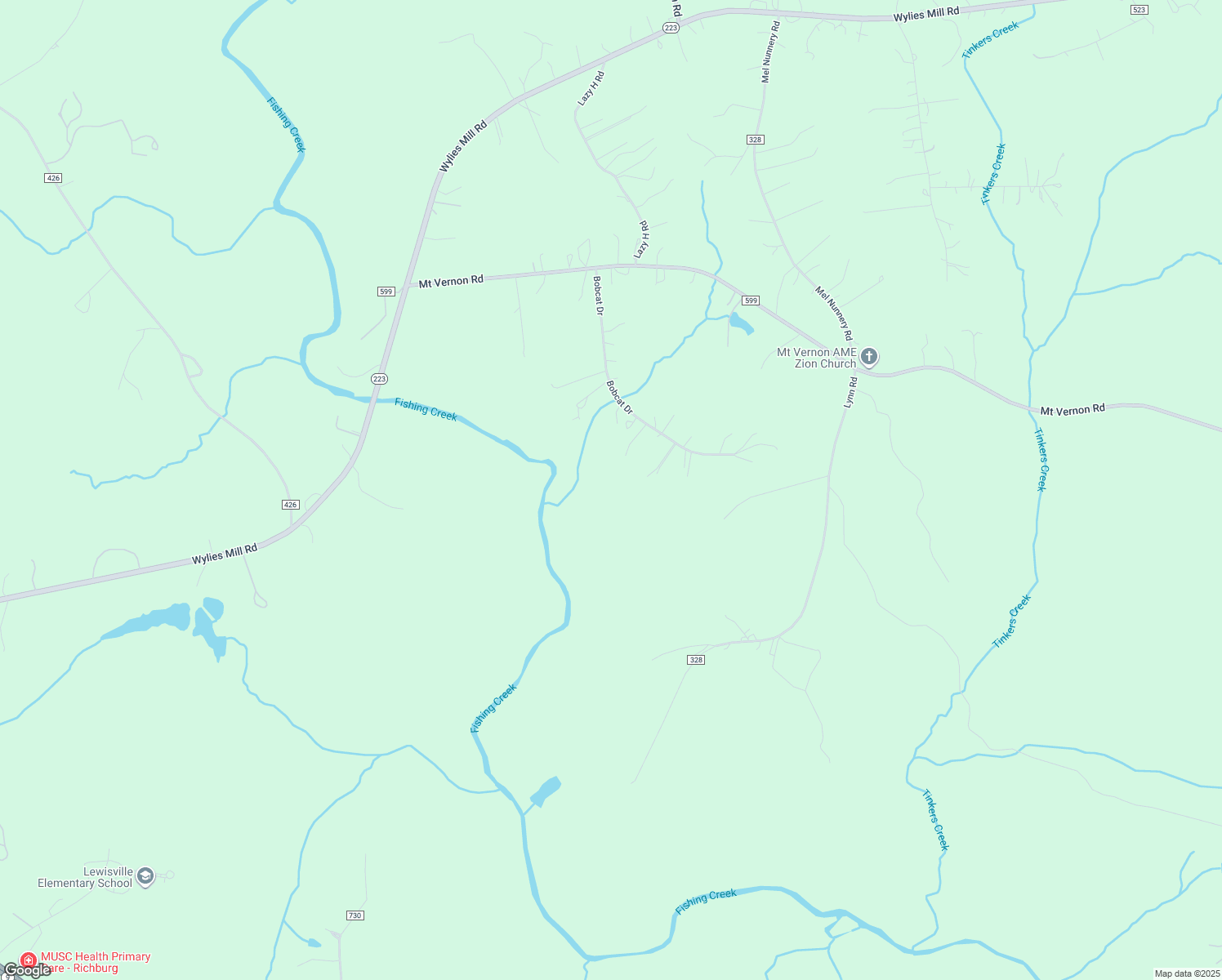 map of restaurants, bars, coffee shops, grocery stores, and more near 4544 Bobcat Drive in Fort Lawn
