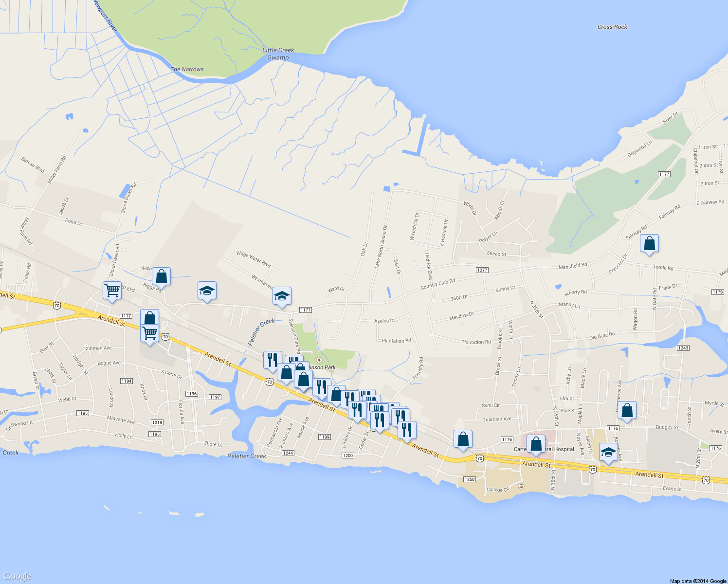 map of restaurants, bars, coffee shops, grocery stores, and more near 803 Lake North Shore Drive in Morehead City