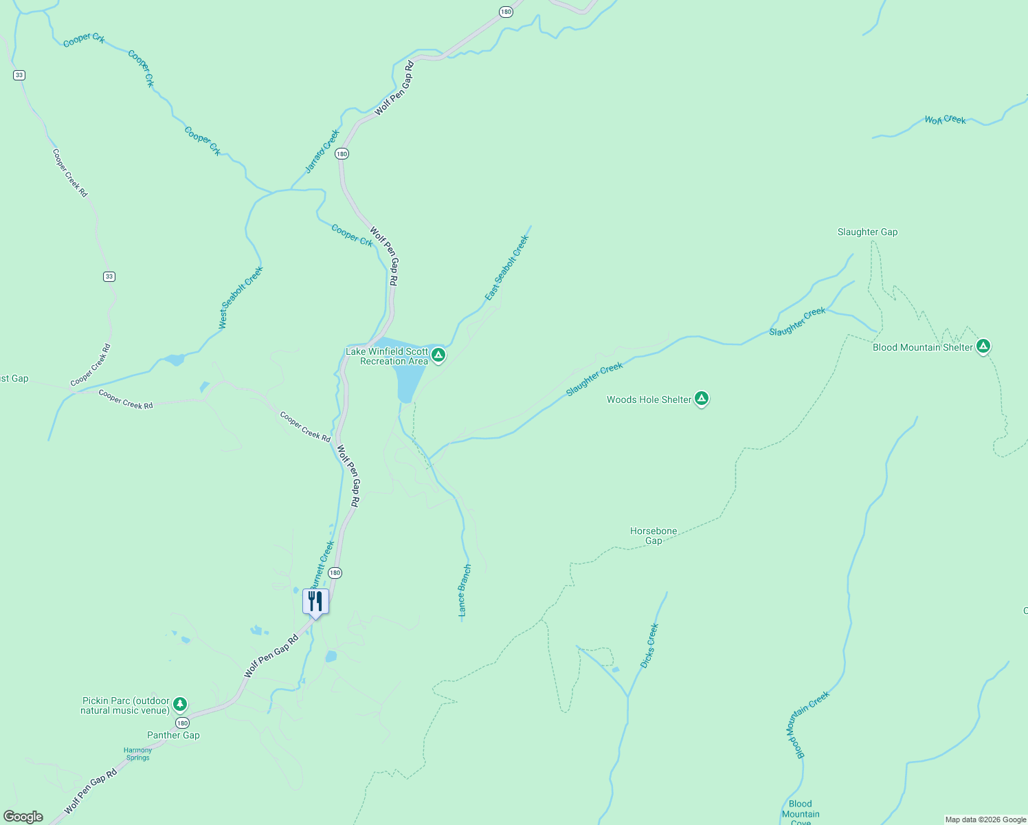 map of restaurants, bars, coffee shops, grocery stores, and more near 495 Slaughter Creek Road in Suches