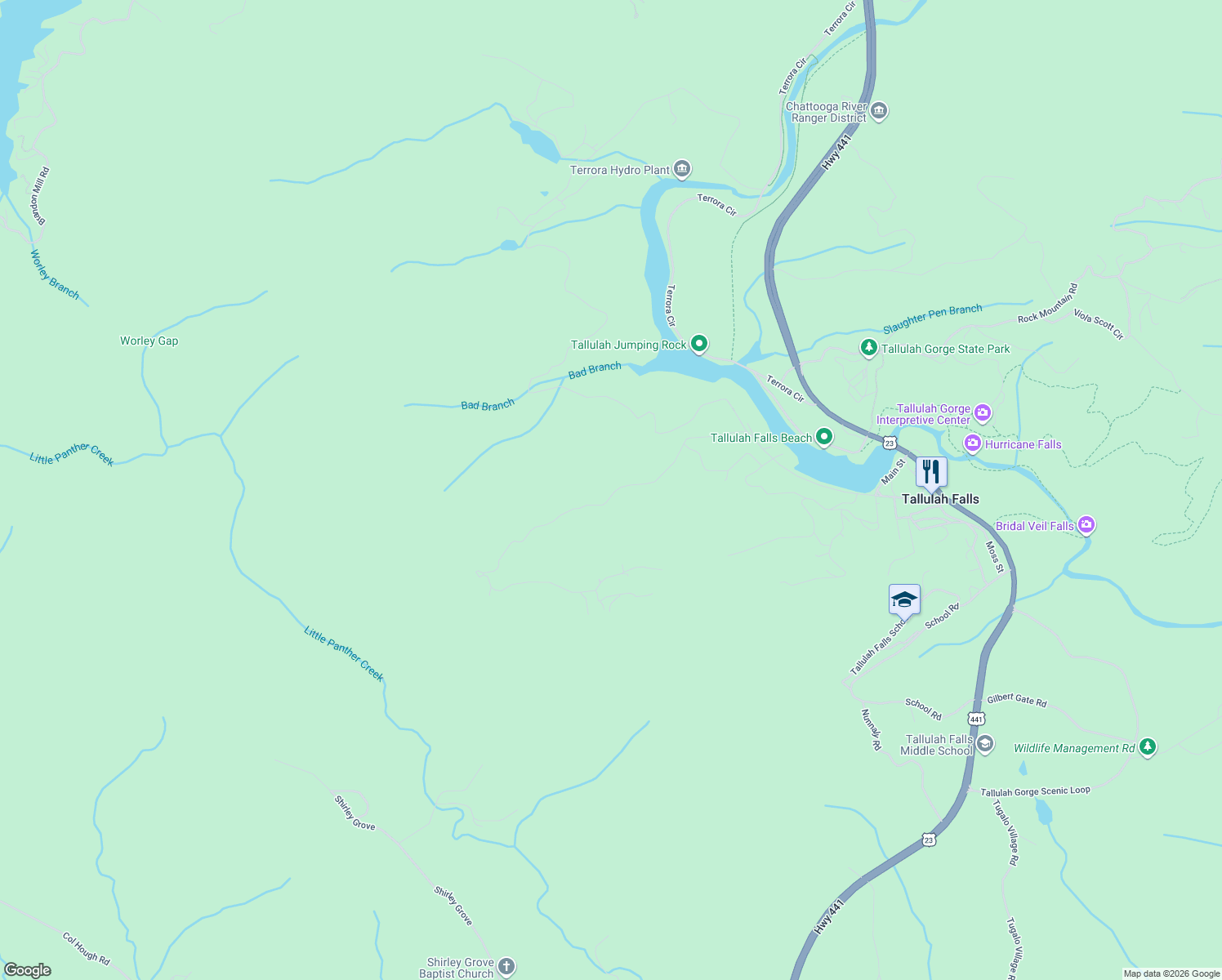 map of restaurants, bars, coffee shops, grocery stores, and more near Hickory Nut Mountain Road in Lakemont
