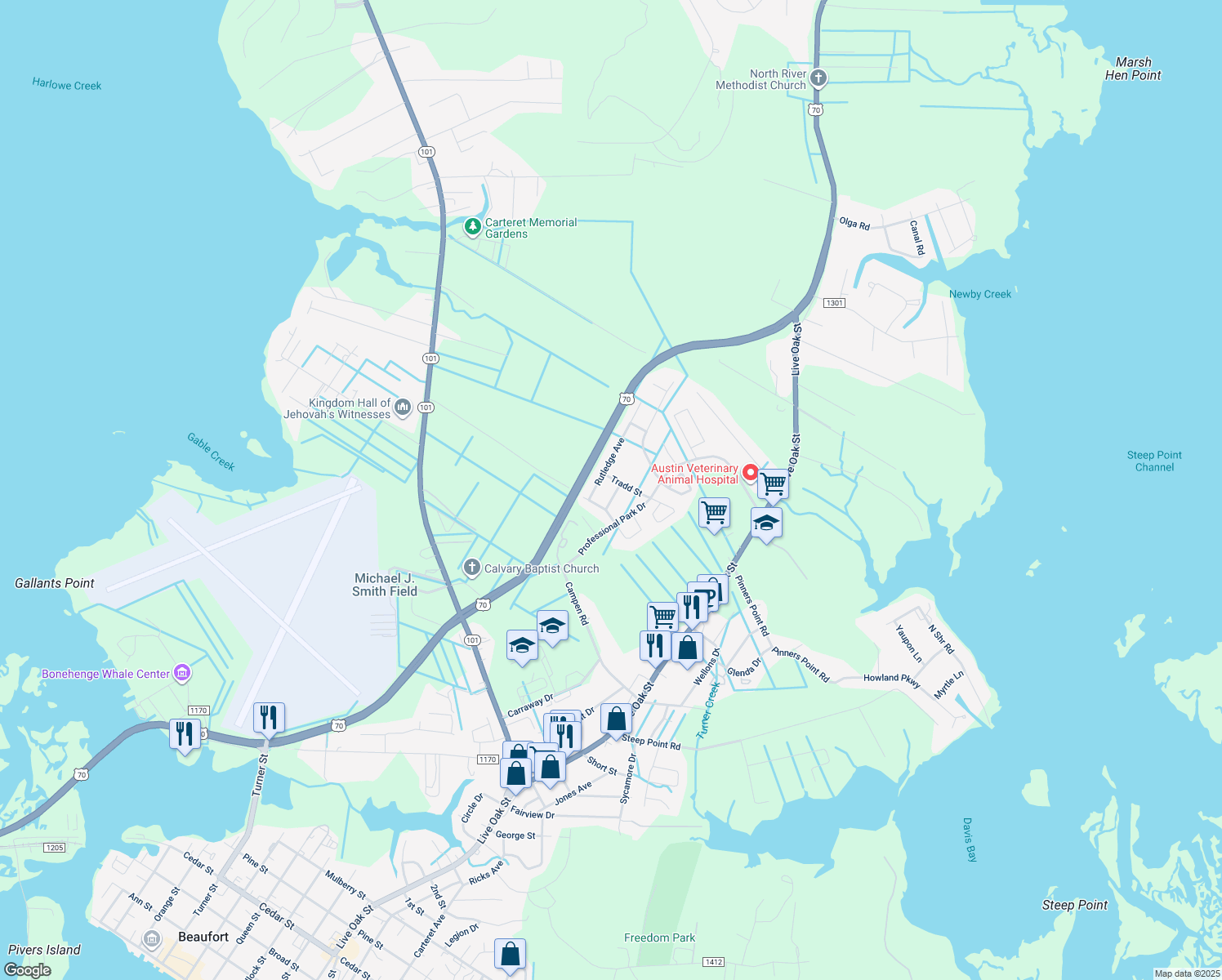 map of restaurants, bars, coffee shops, grocery stores, and more near 307 Franklin Street in Beaufort
