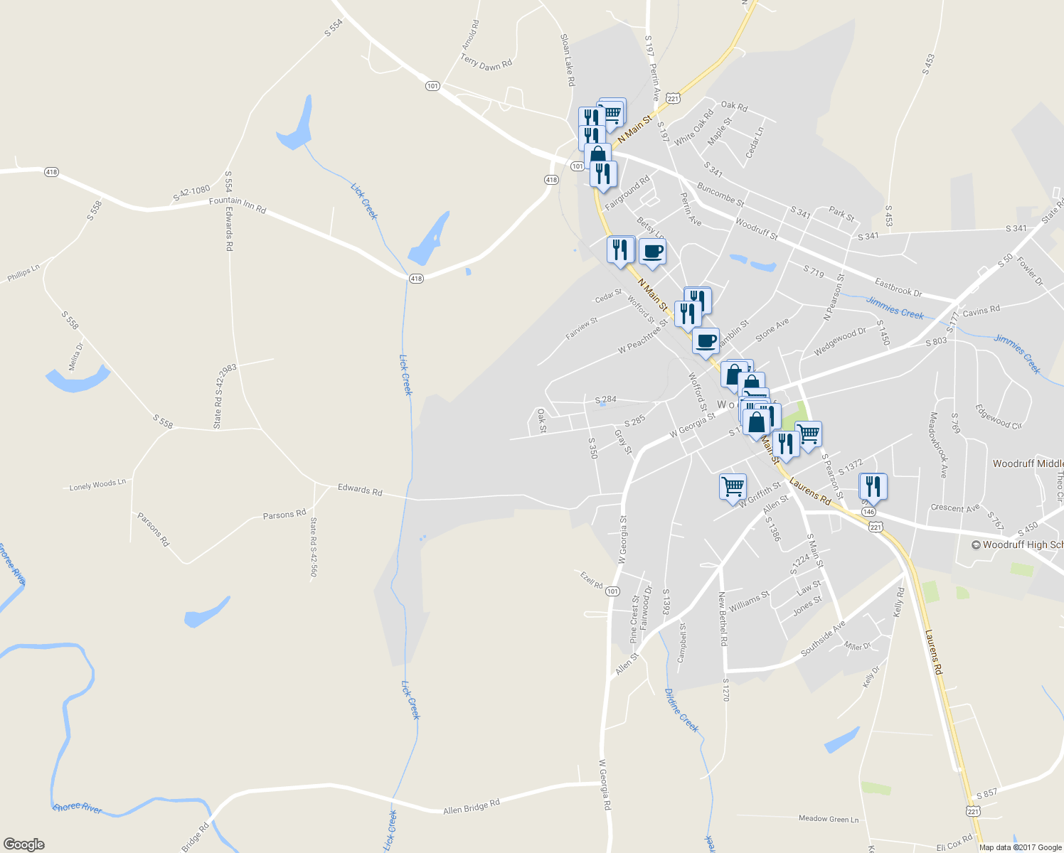 map of restaurants, bars, coffee shops, grocery stores, and more near 315 Round Street in Woodruff