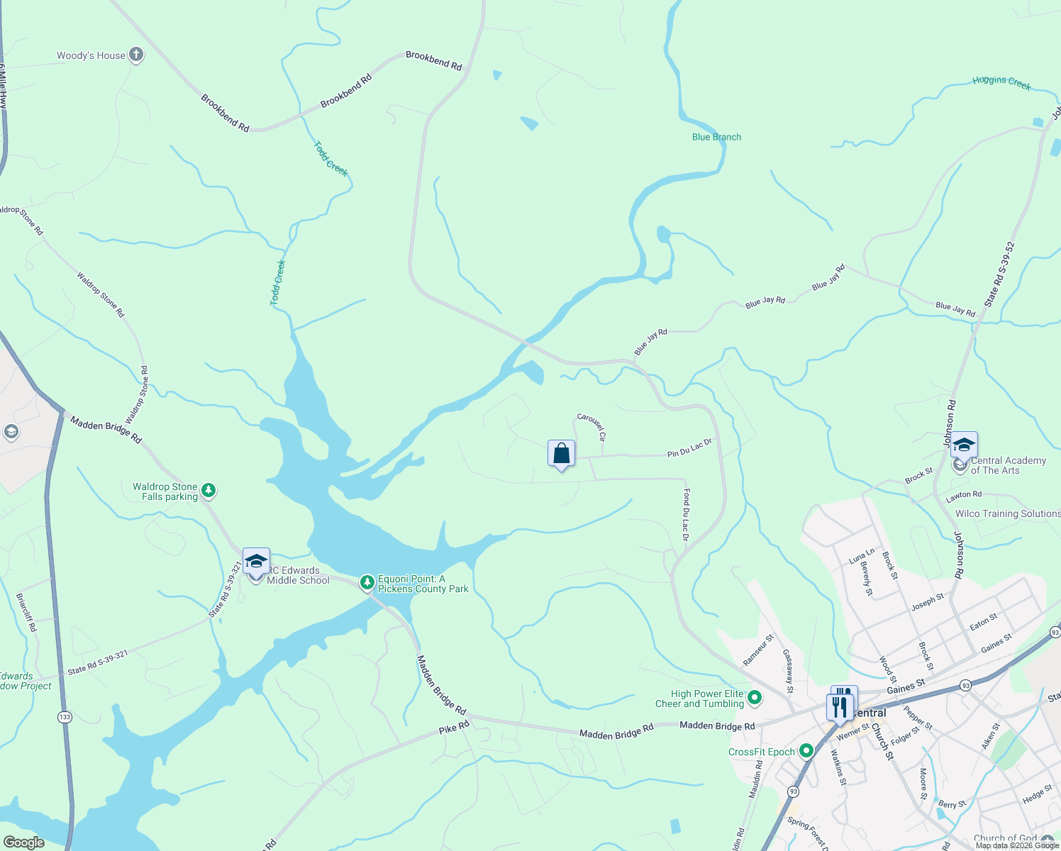 map of restaurants, bars, coffee shops, grocery stores, and more near 418 Pin Du Lac Drive in Central