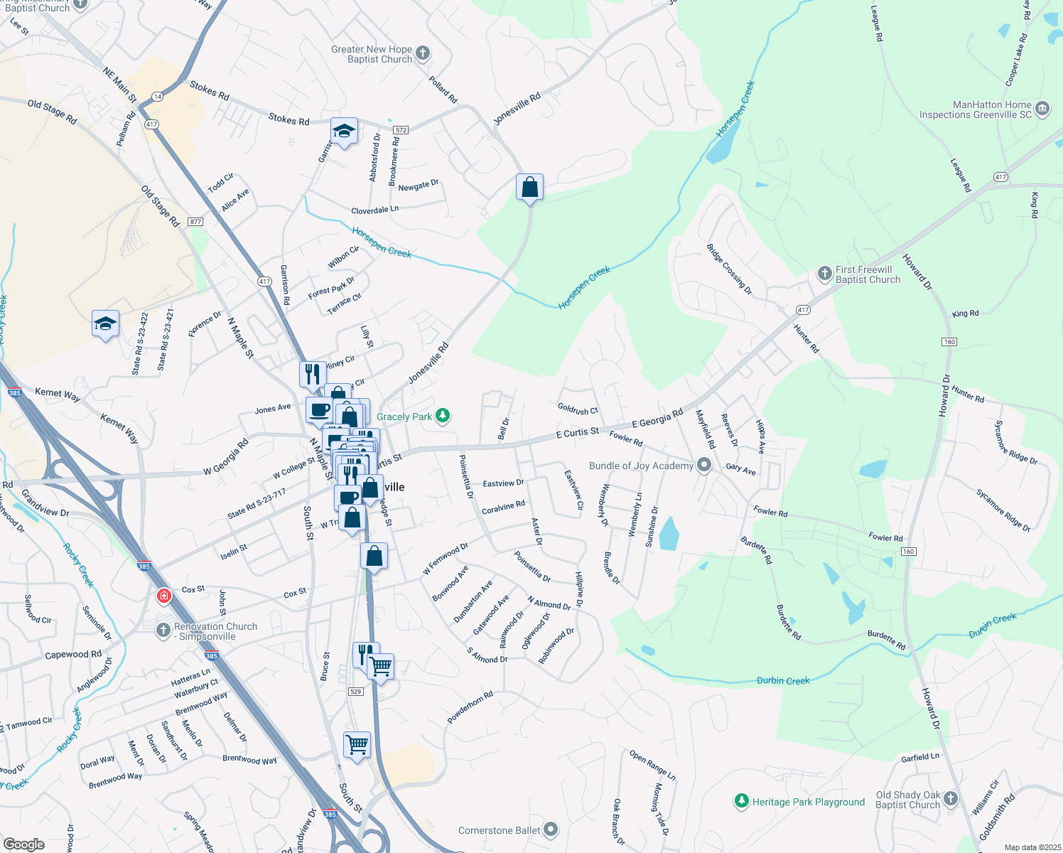 map of restaurants, bars, coffee shops, grocery stores, and more near 106 Howard Circle in Simpsonville