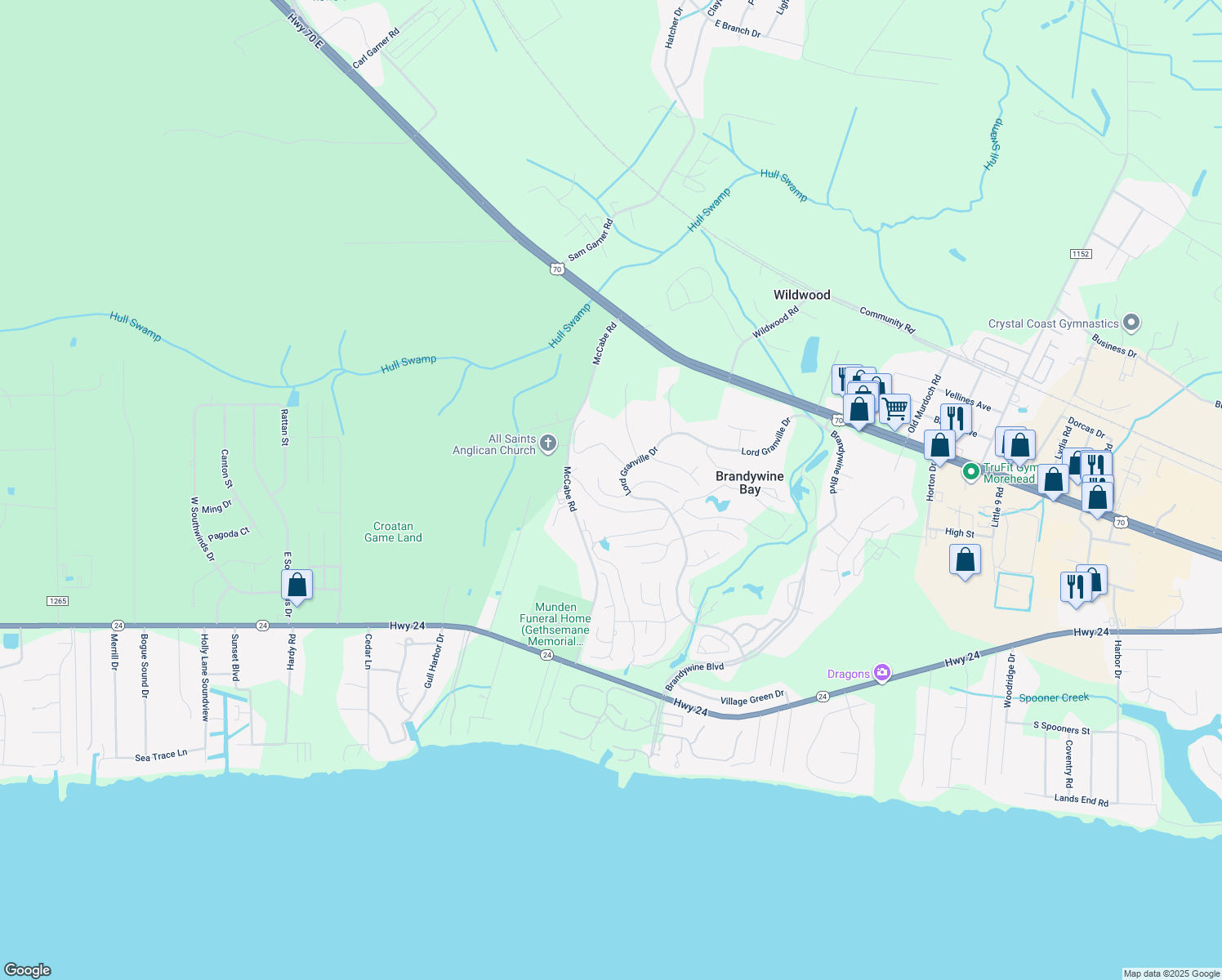 map of restaurants, bars, coffee shops, grocery stores, and more near 202 Westchester Drive in Morehead City