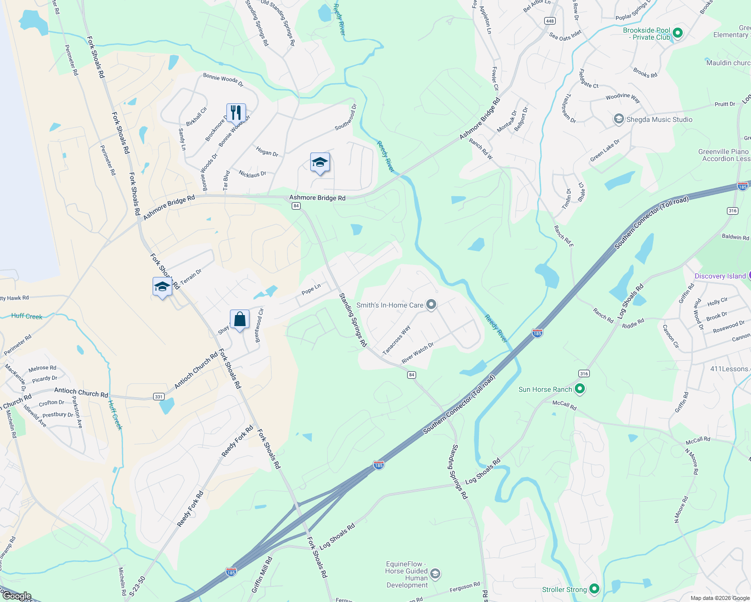 map of restaurants, bars, coffee shops, grocery stores, and more near 22 Juneau Court in Greenville