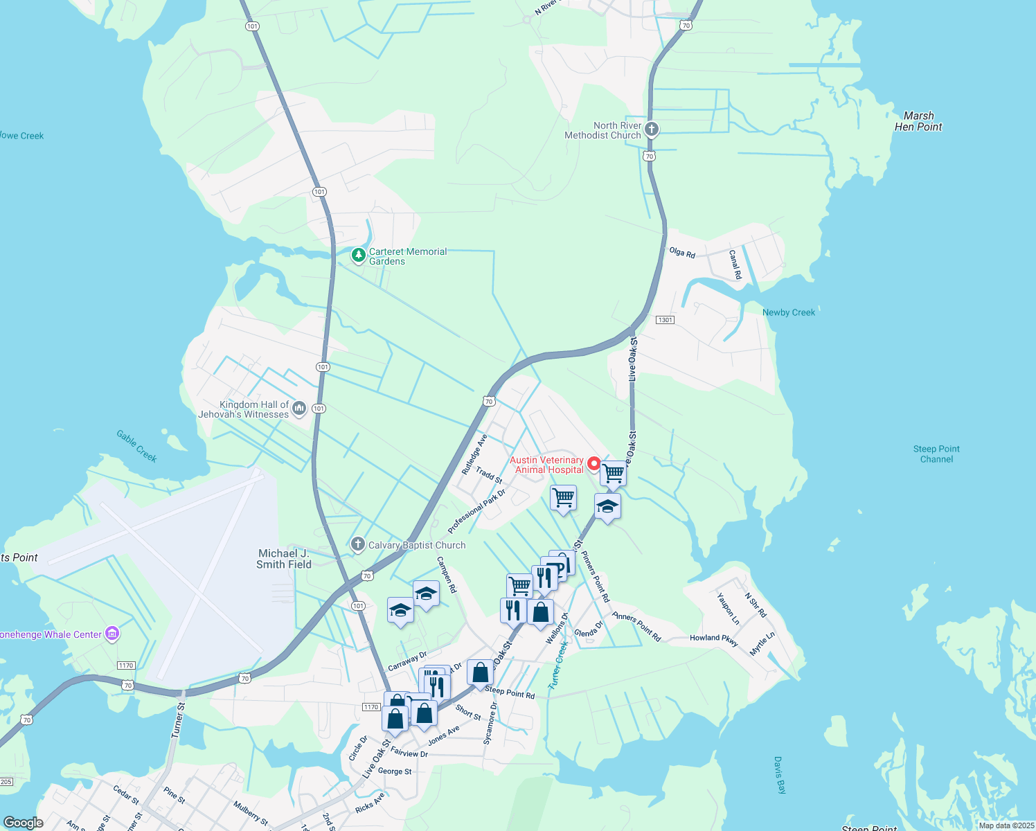 map of restaurants, bars, coffee shops, grocery stores, and more near 428 Meeting Street in Beaufort