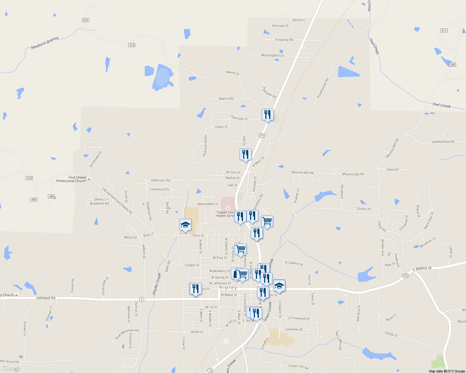 map of restaurants, bars, coffee shops, grocery stores, and more near 213 Oak St in Ripley