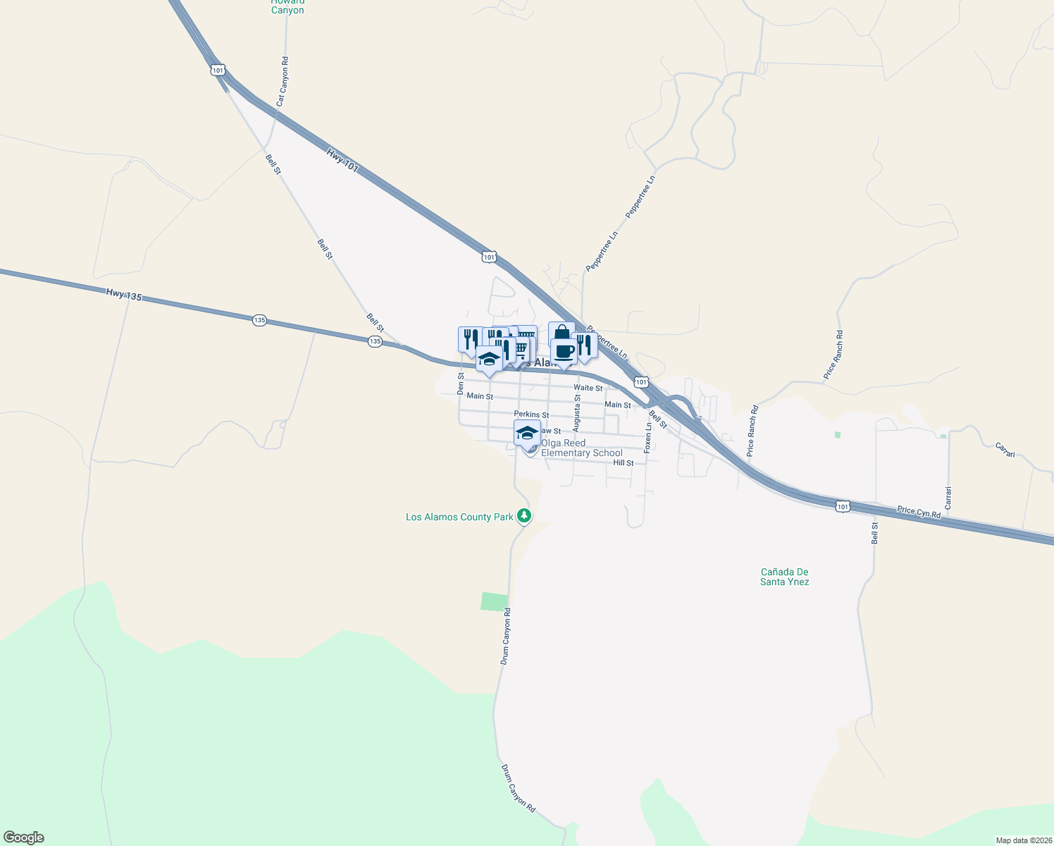 map of restaurants, bars, coffee shops, grocery stores, and more near 425 Shaw Street in Los Alamos