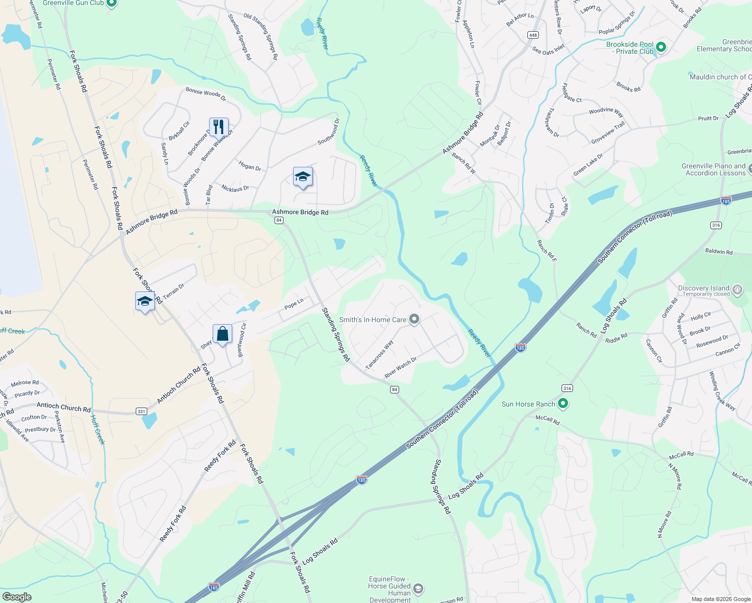 map of restaurants, bars, coffee shops, grocery stores, and more near 40 Juneau Court in Greenville