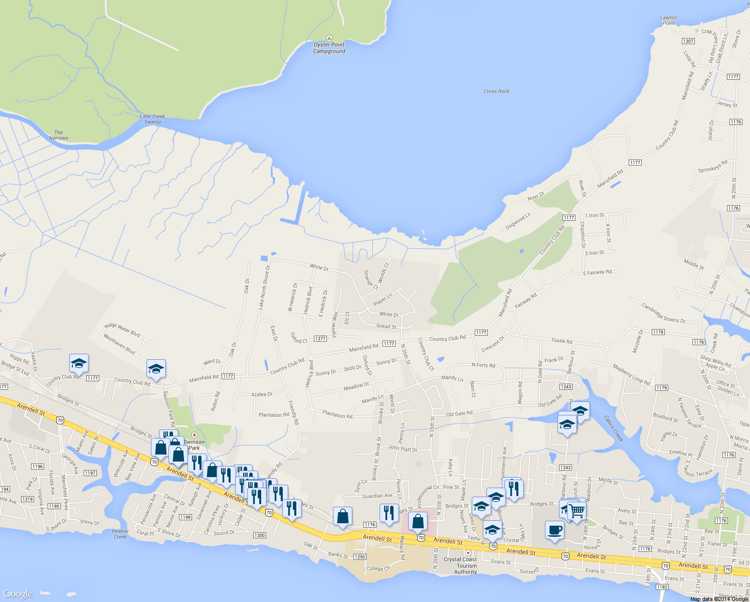 map of restaurants, bars, coffee shops, grocery stores, and more near 3504 Player Lane in Morehead City