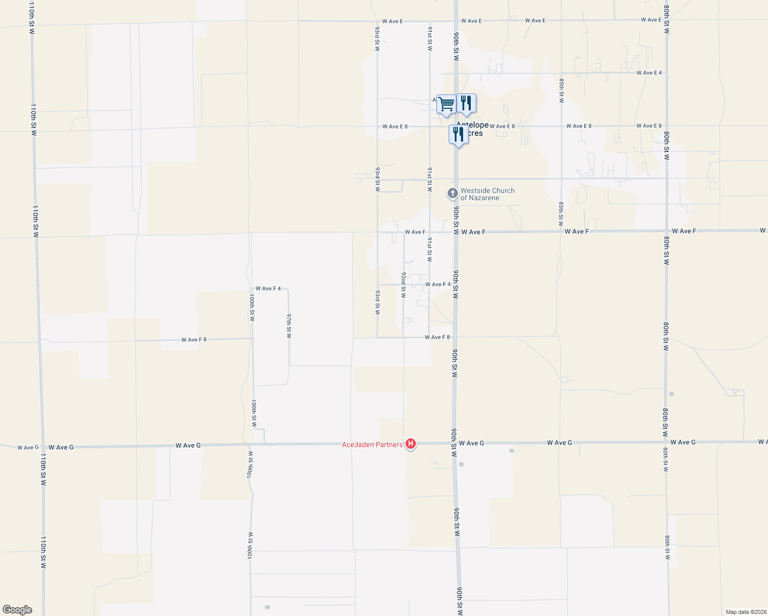 map of restaurants, bars, coffee shops, grocery stores, and more near 47306 93rd Street West in Lancaster