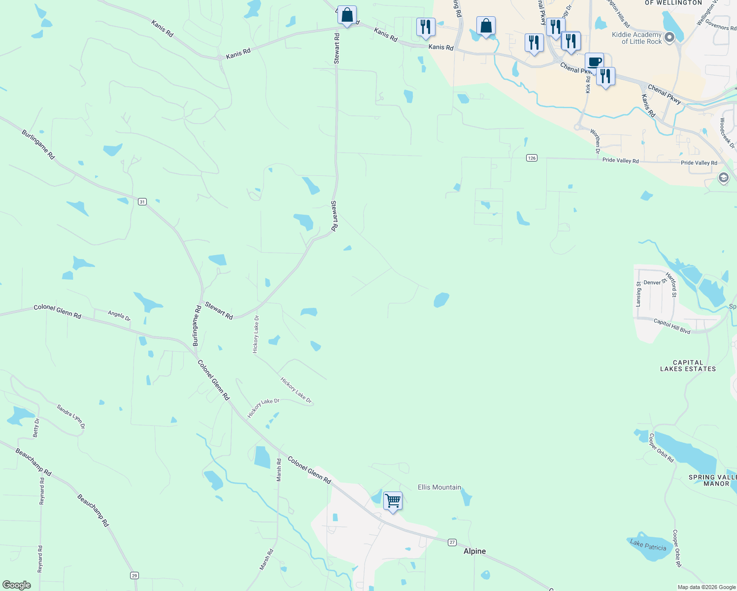 map of restaurants, bars, coffee shops, grocery stores, and more near 1400-1450 Victoria Lane in Little Rock