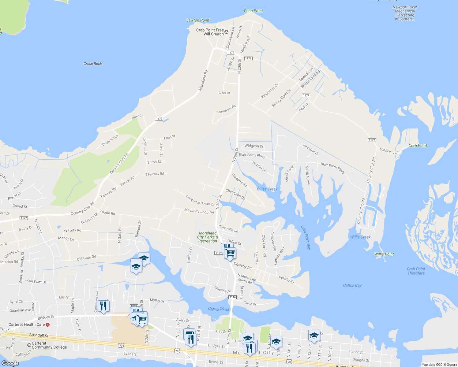 map of restaurants, bars, coffee shops, grocery stores, and more near 1402 North 20th Street in Morehead City