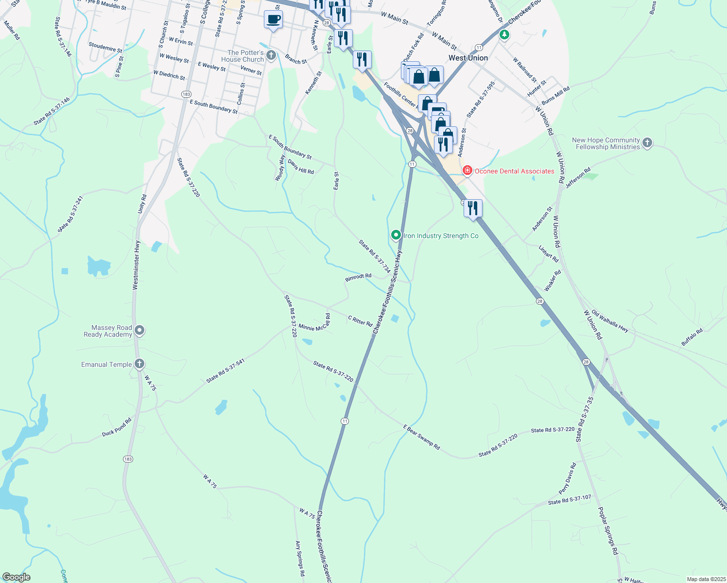 map of restaurants, bars, coffee shops, grocery stores, and more near 546 Rimrodt Road in Walhalla
