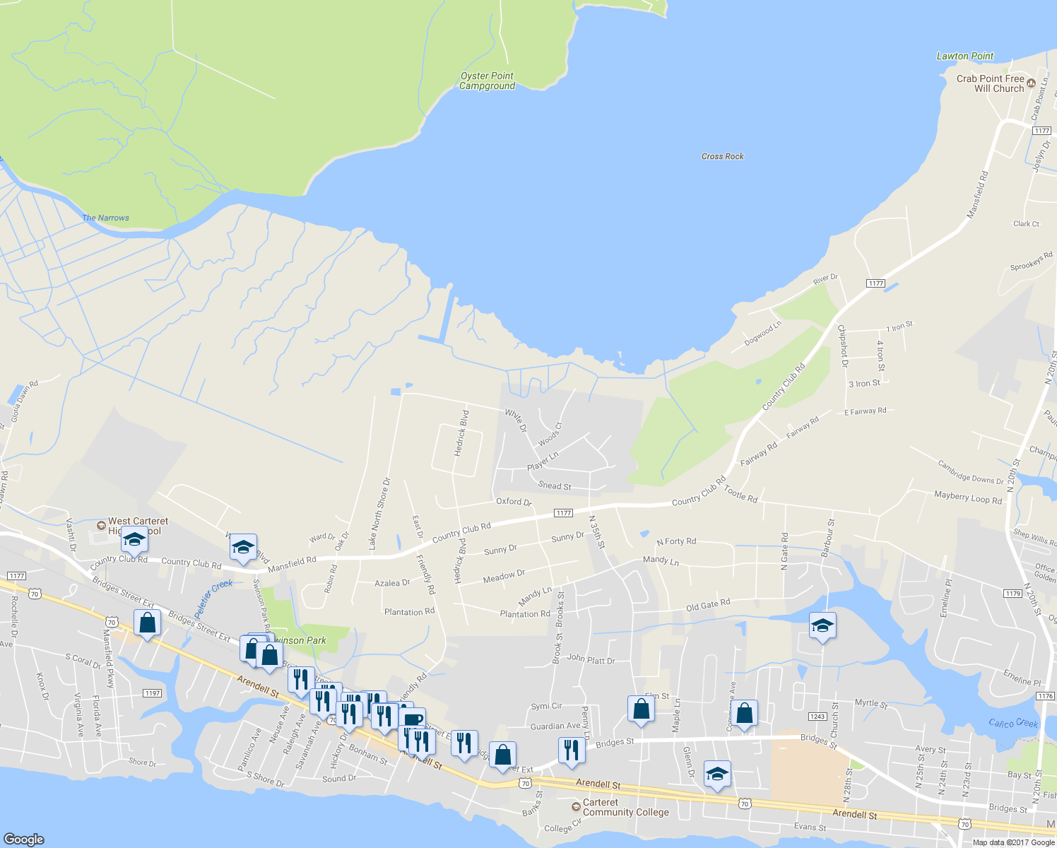 map of restaurants, bars, coffee shops, grocery stores, and more near 3536 White Drive in Morehead City
