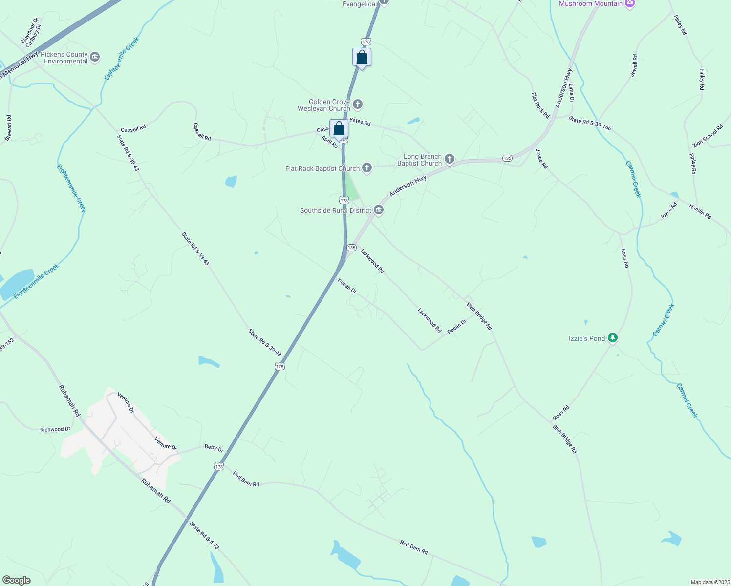 map of restaurants, bars, coffee shops, grocery stores, and more near 123 Pecan Drive in Liberty