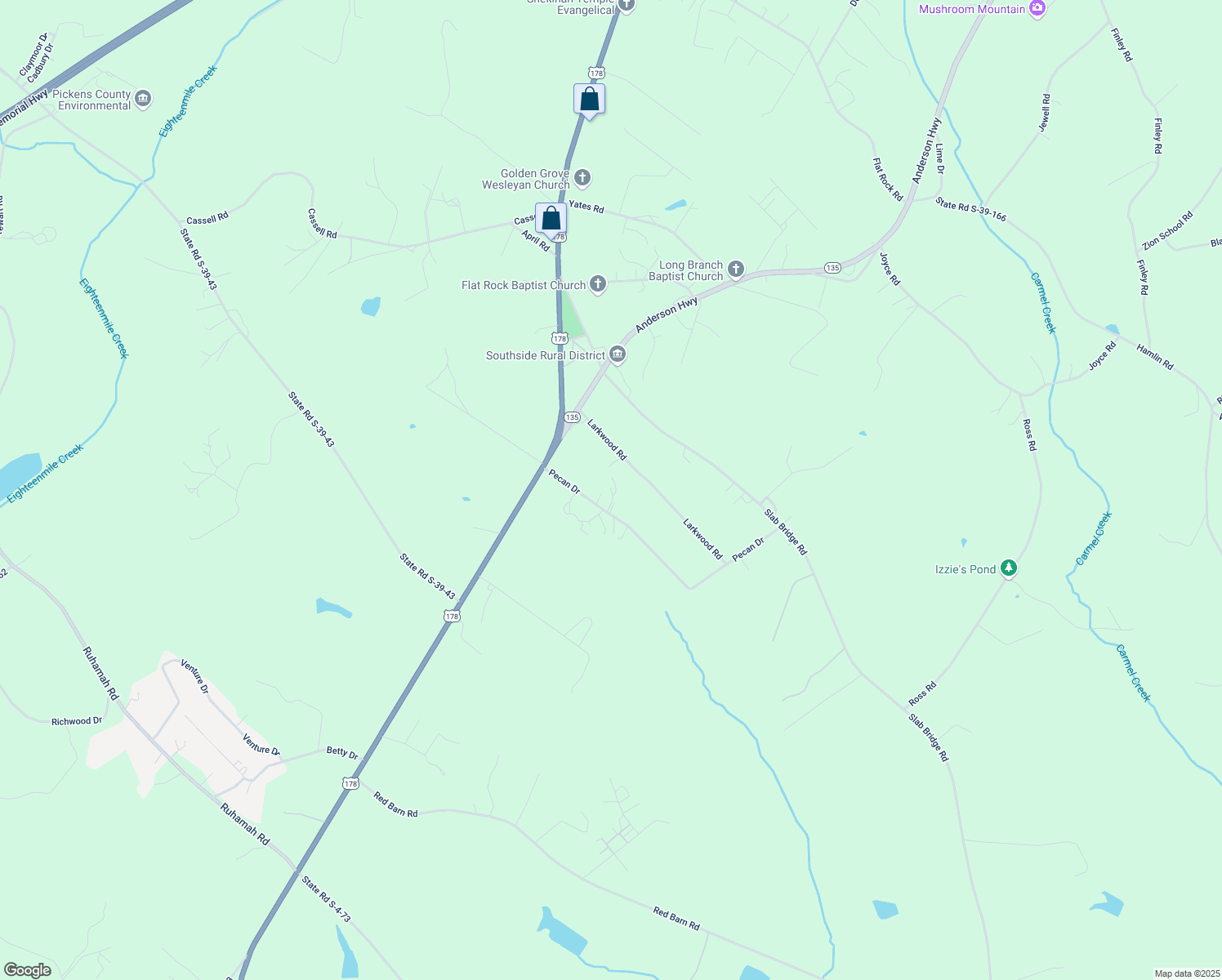 map of restaurants, bars, coffee shops, grocery stores, and more near 123 Pecan Drive in Liberty
