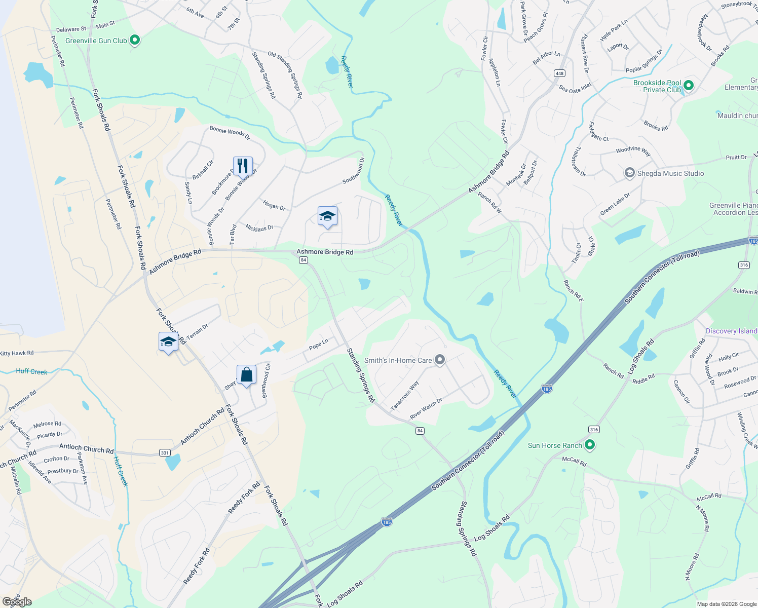 map of restaurants, bars, coffee shops, grocery stores, and more near 122 Starlight Dr in Greenville
