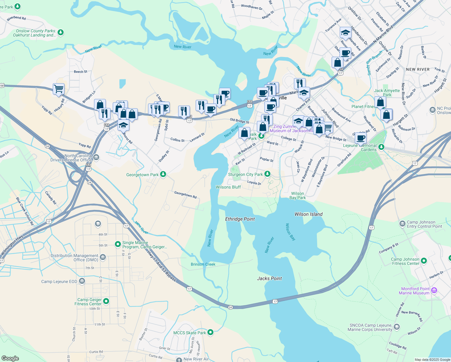 map of restaurants, bars, coffee shops, grocery stores, and more near 112 Riverwalk Lane in Jacksonville