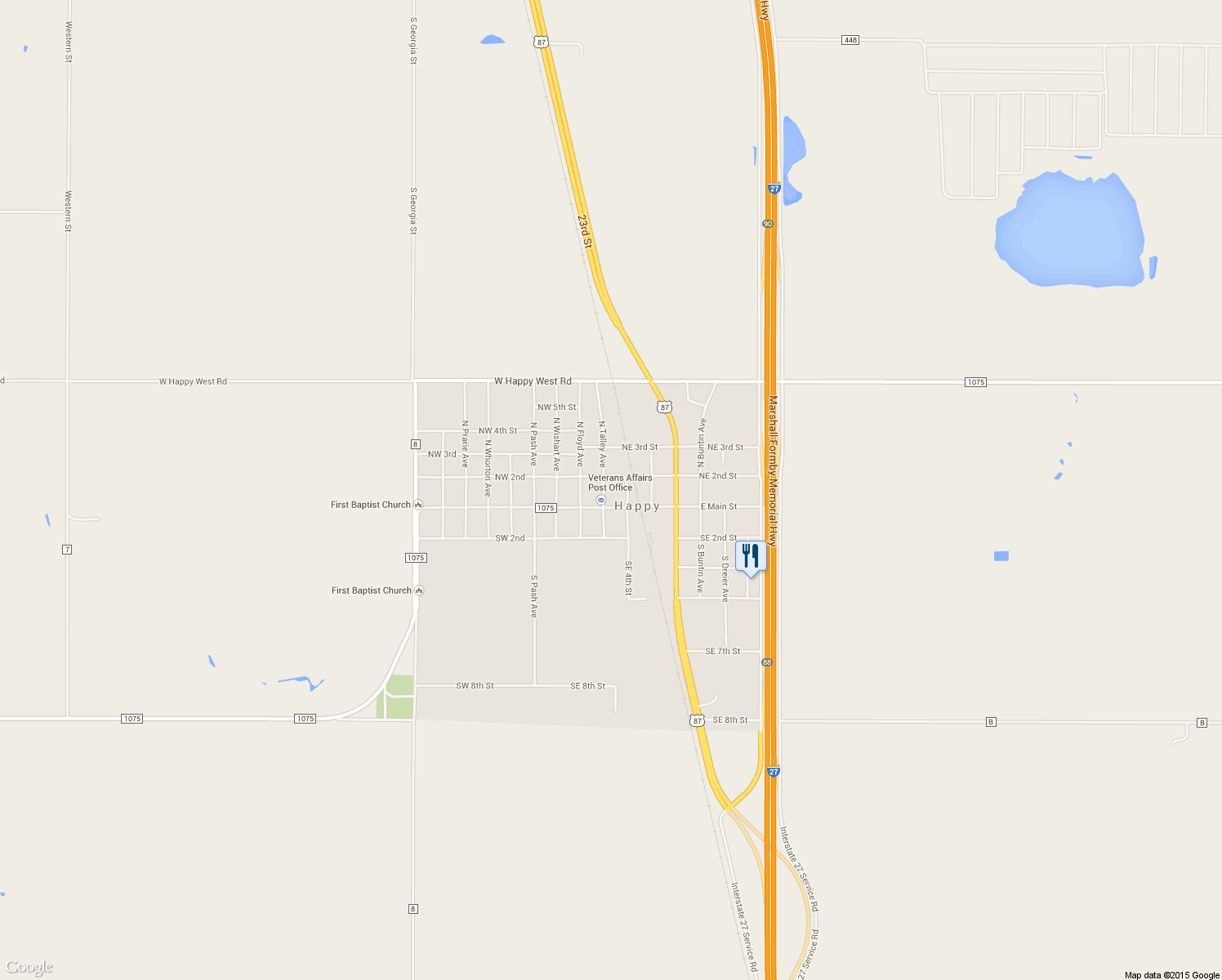 map of restaurants, bars, coffee shops, grocery stores, and more near 106 North Talley Avenue in Happy