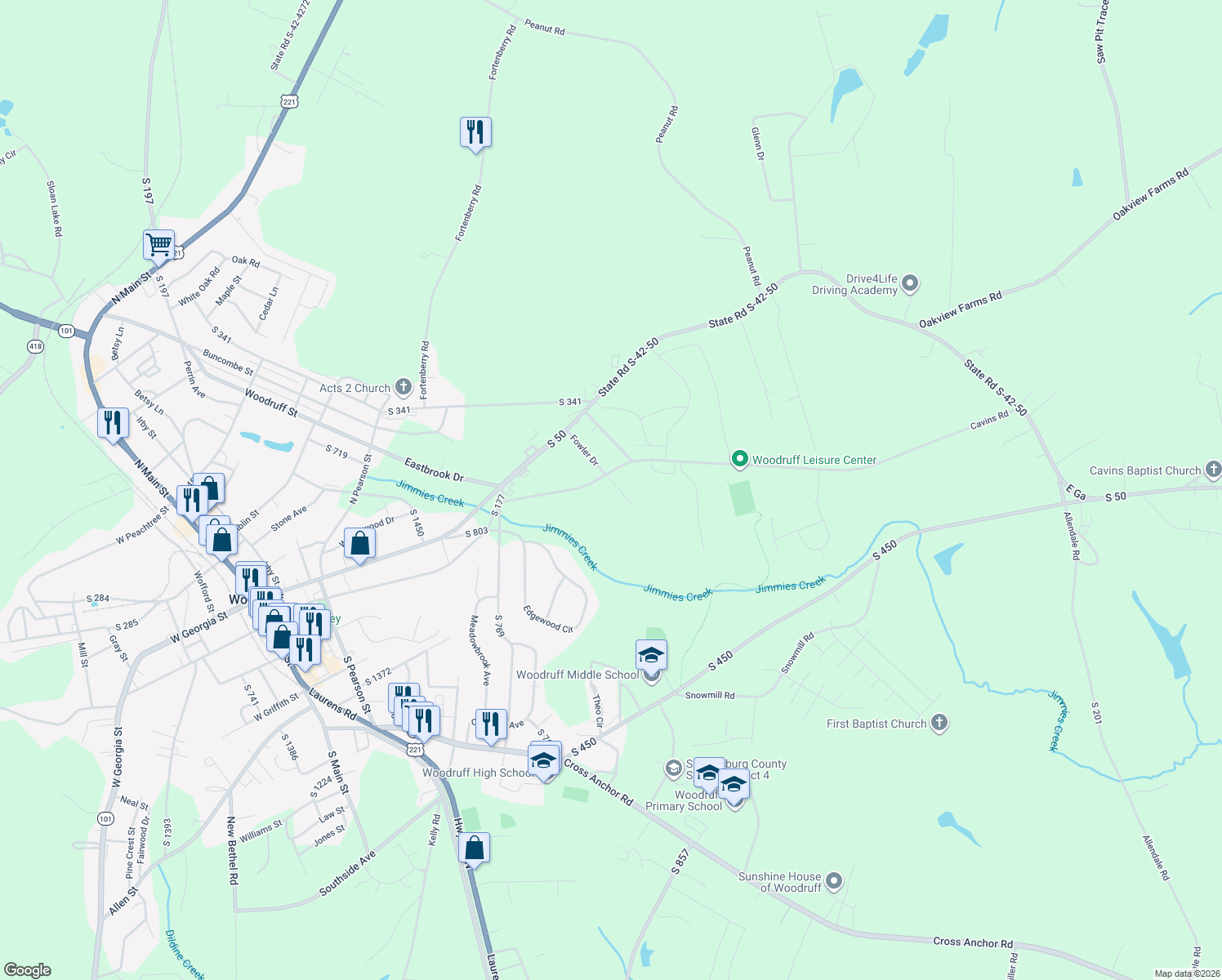 map of restaurants, bars, coffee shops, grocery stores, and more near 6 Pearmac Court in Woodruff
