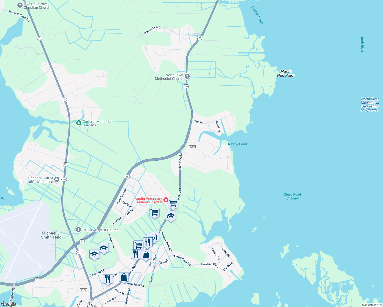 map of restaurants, bars, coffee shops, grocery stores, and more near 2220 U.S. 70 in Beaufort