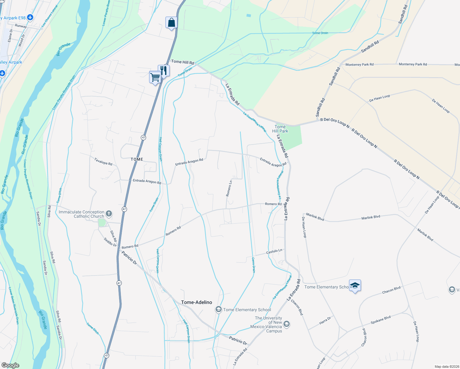 map of restaurants, bars, coffee shops, grocery stores, and more near 8 Romero Lane in Los Lunas