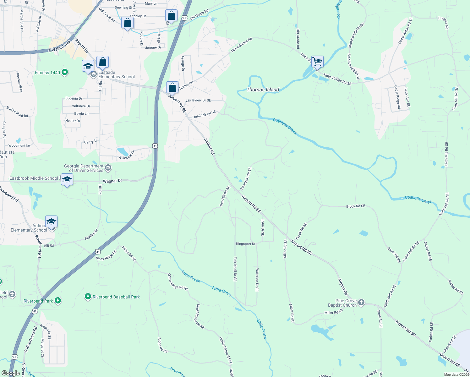 map of restaurants, bars, coffee shops, grocery stores, and more near 3653 Airport Road Southeast in Dalton