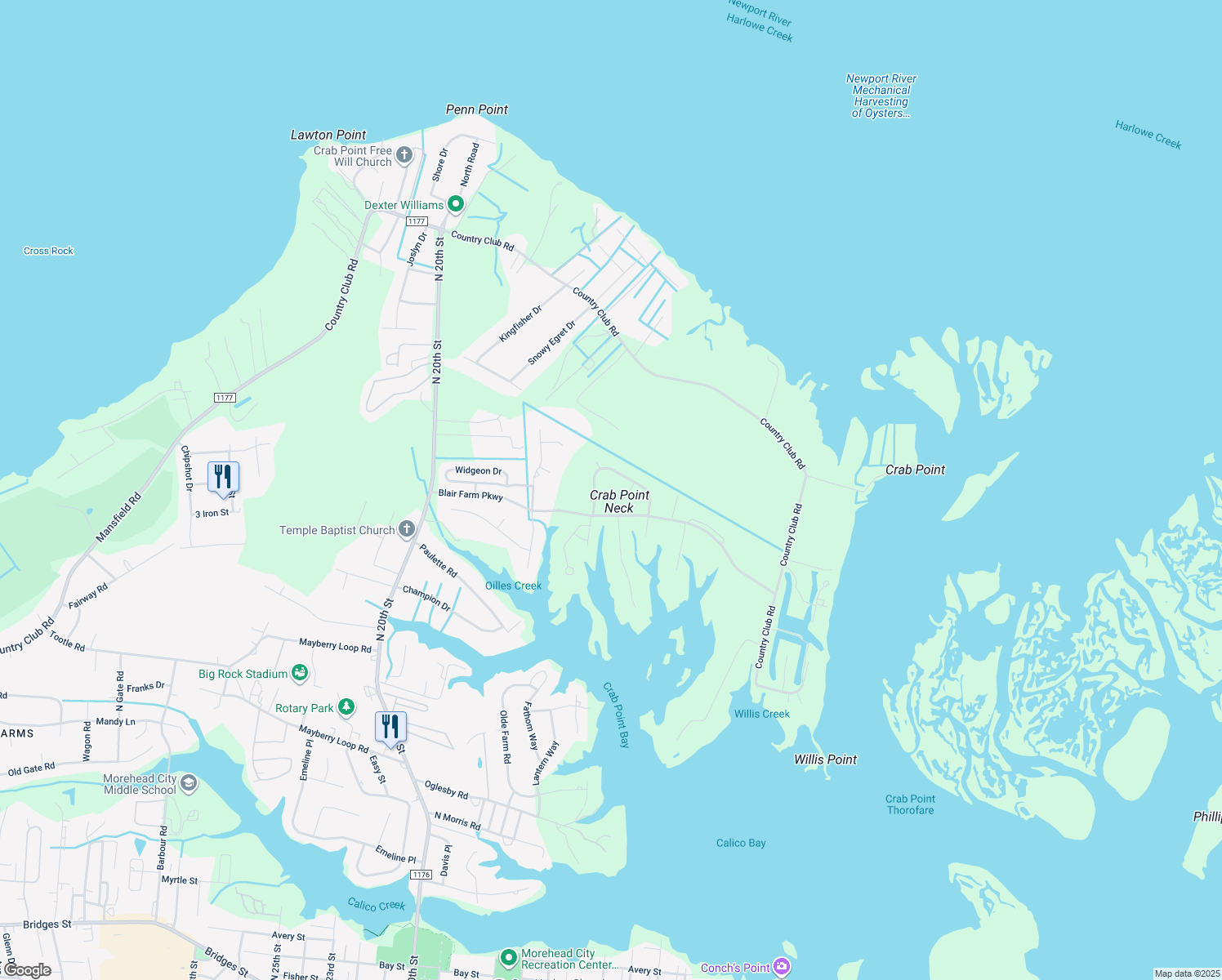 map of restaurants, bars, coffee shops, grocery stores, and more near 1600 Razorbill Court in Morehead City