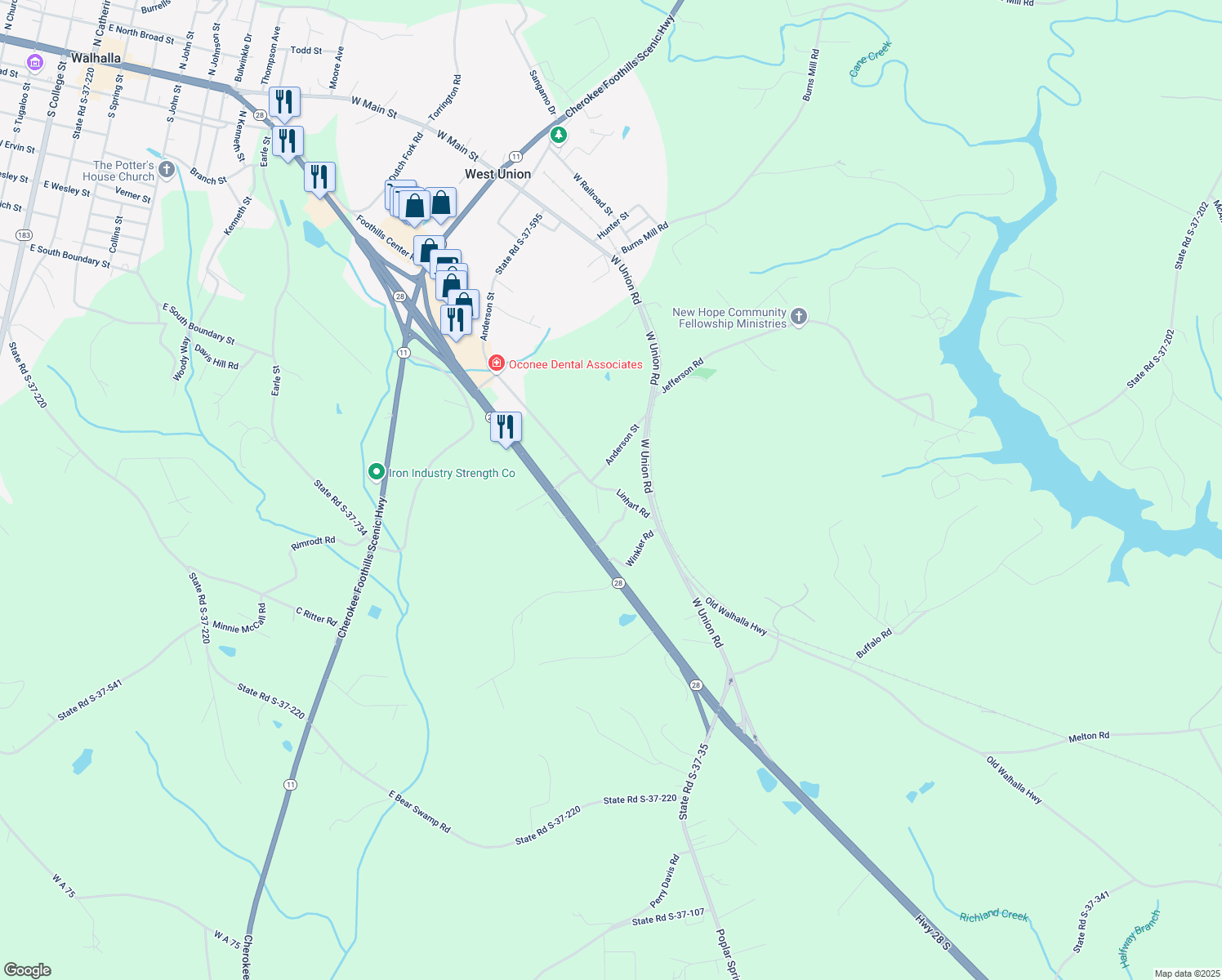 map of restaurants, bars, coffee shops, grocery stores, and more near 257 Linhart Rd in West Union