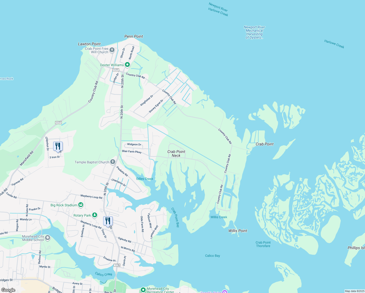 map of restaurants, bars, coffee shops, grocery stores, and more near 1701 Ivory Gull Drive in Morehead City