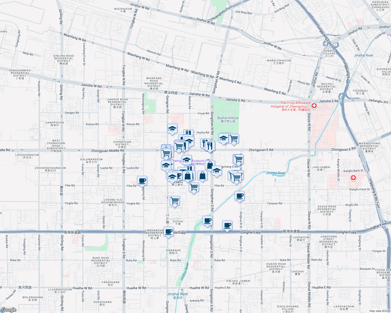map of restaurants, bars, coffee shops, grocery stores, and more near in Zheng Zhou Shi