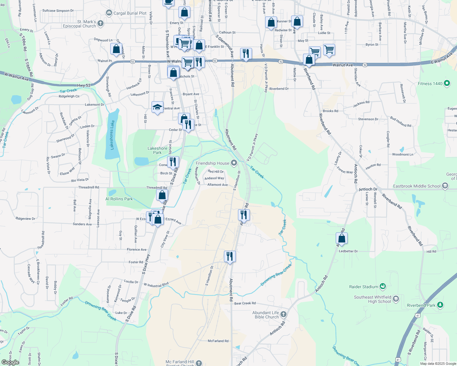 map of restaurants, bars, coffee shops, grocery stores, and more near 1473 Red Hill Dr in Dalton