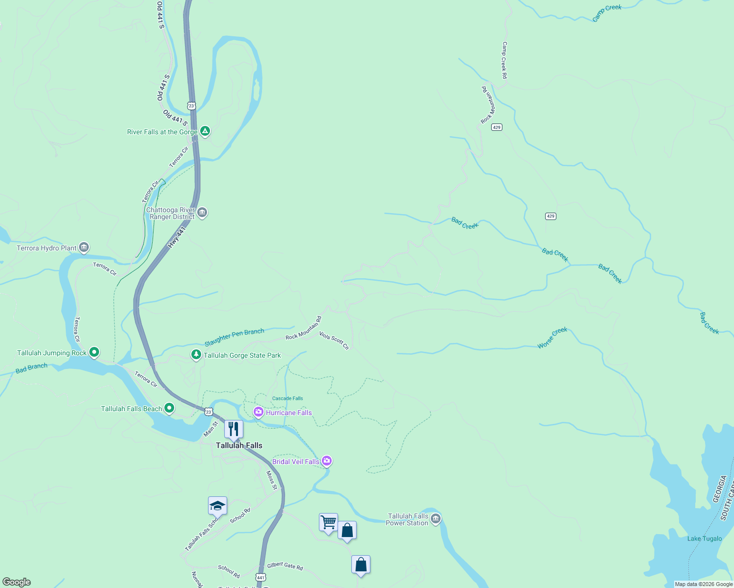 map of restaurants, bars, coffee shops, grocery stores, and more near Rock Mountain Road in Lakemont