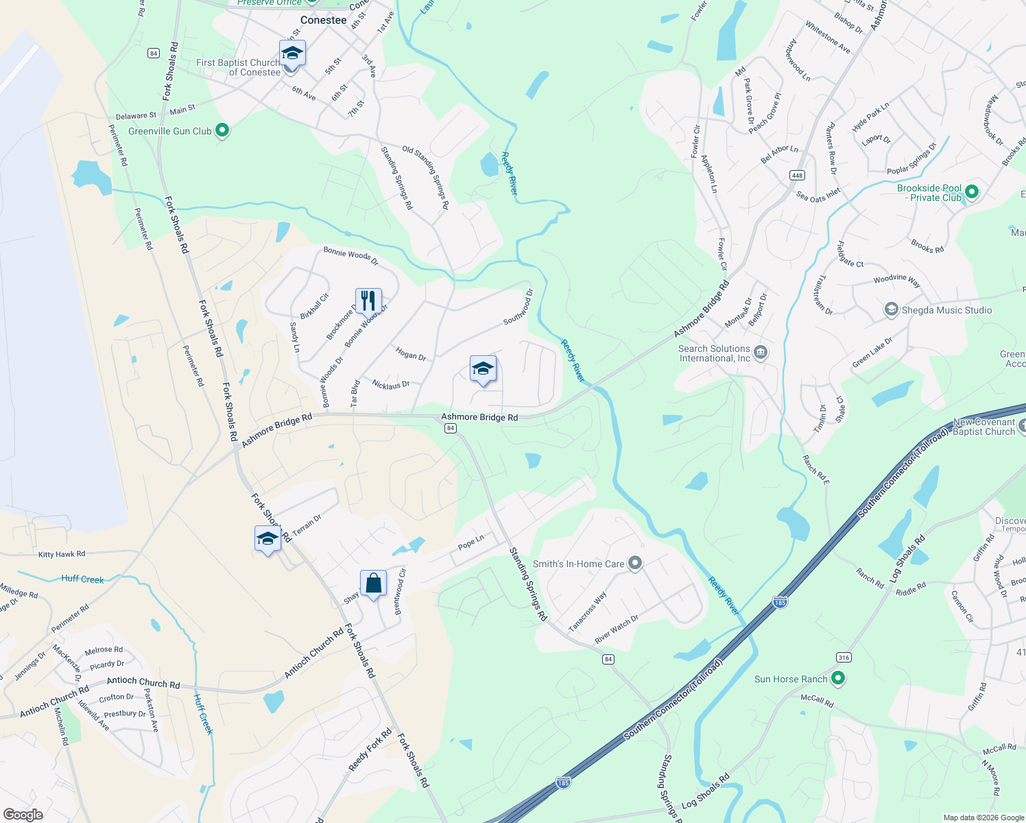 map of restaurants, bars, coffee shops, grocery stores, and more near 4 Wild Dogwood Way in Greenville