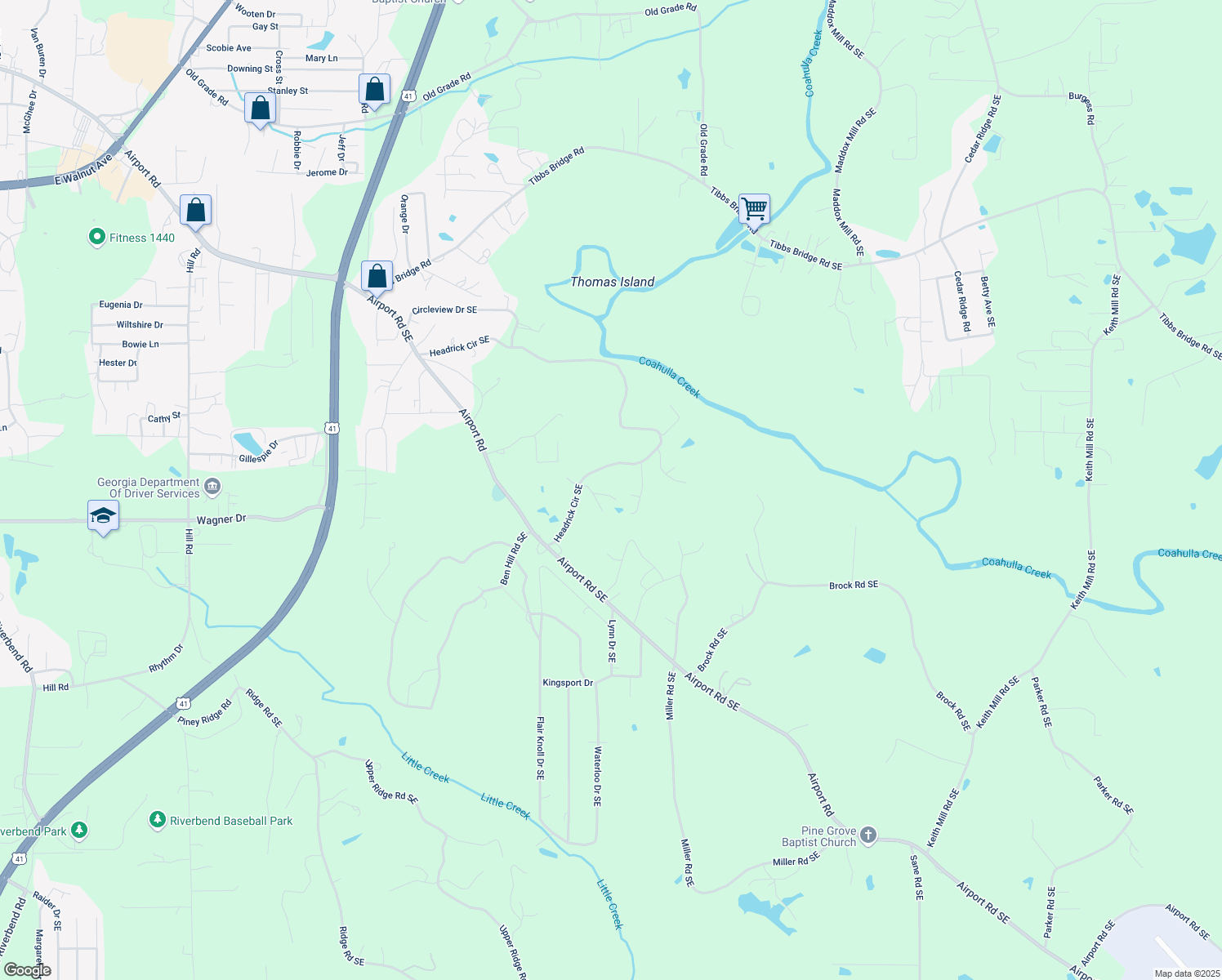 map of restaurants, bars, coffee shops, grocery stores, and more near 3617 Winland Drive Southeast in Dalton